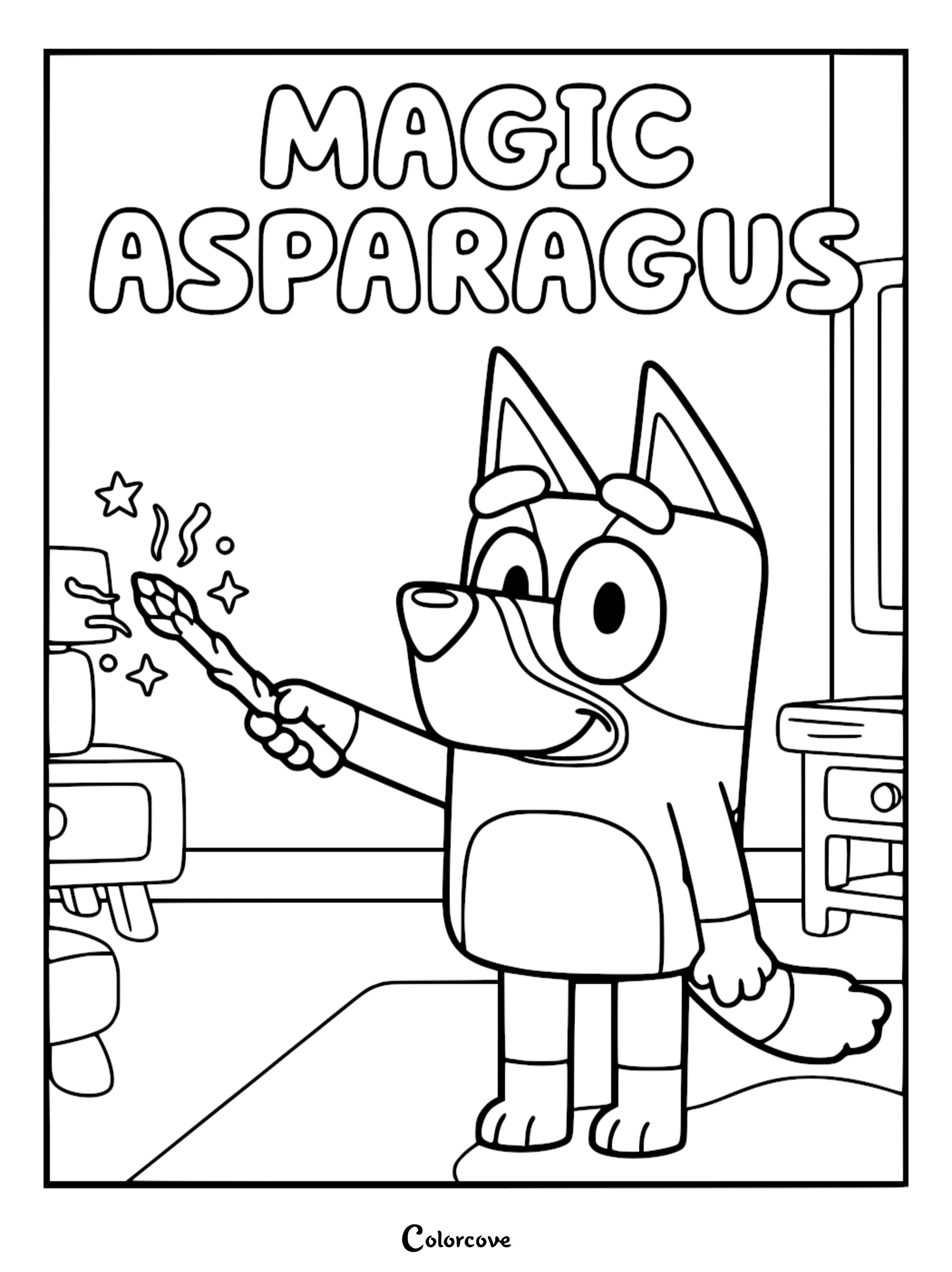 A detailed line art coloring page of Bluey holding a magic asparagus stalk with stars and sparkles in a bedroom setting.