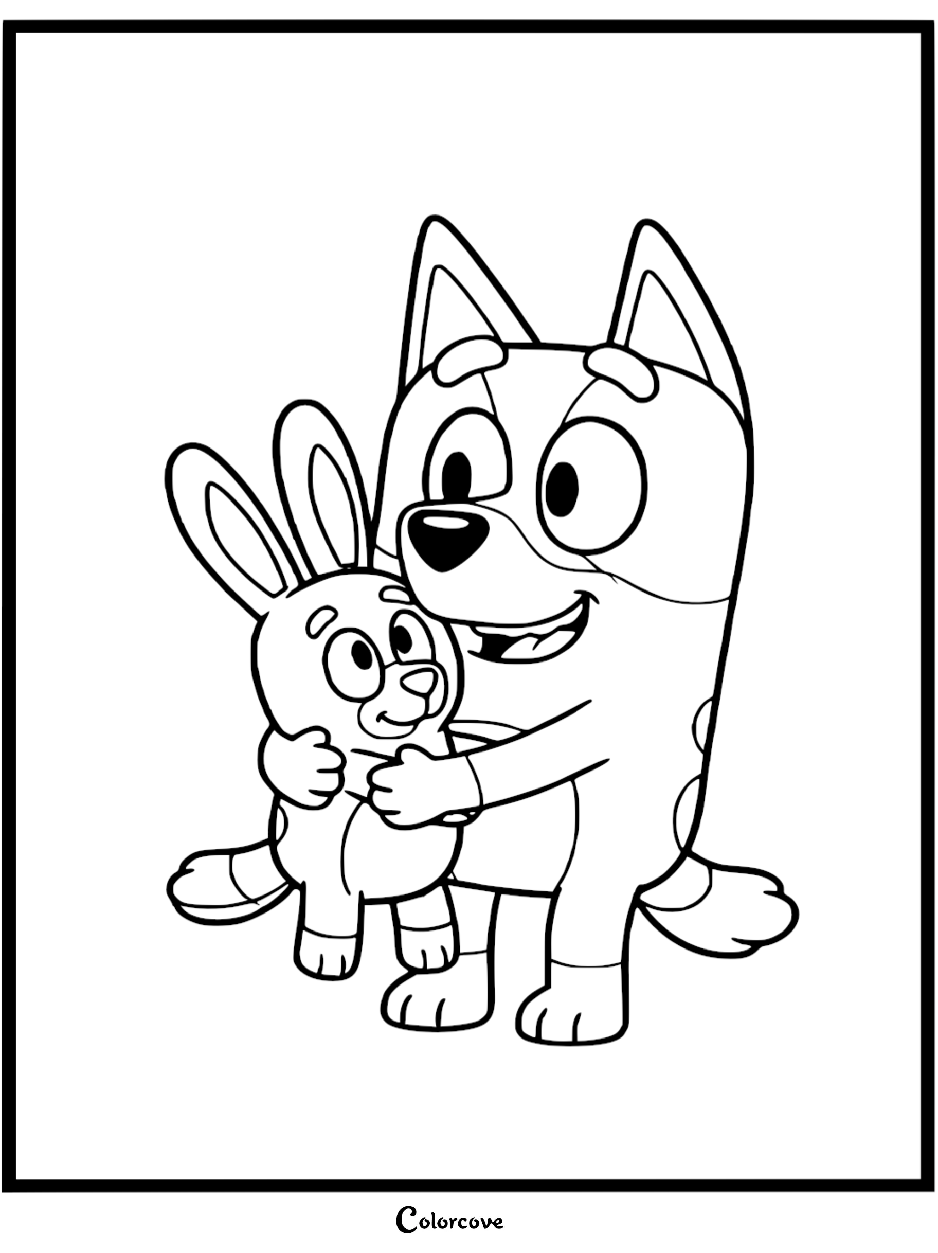 A detailed line art coloring page of Bluey smiling and giving a big hug to Bob Bilby the hand puppet.