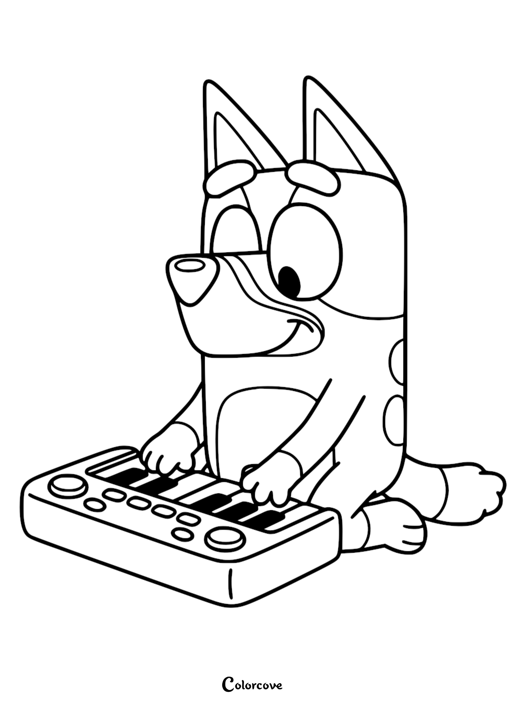A detailed line art coloring page of Bluey sitting on the floor and playing a small toy keyboard with round buttons.