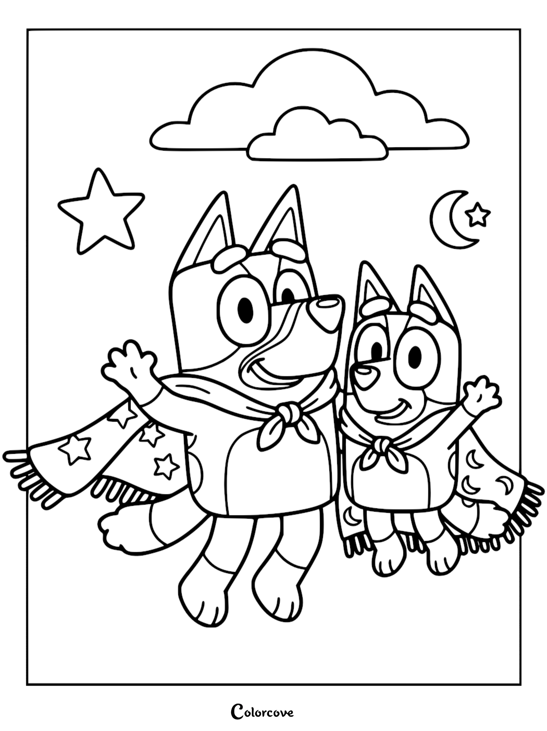 A detailed coloring page of Bluey and Bingo wearing star and moon patterned capes while flying past a crescent moon and clouds.