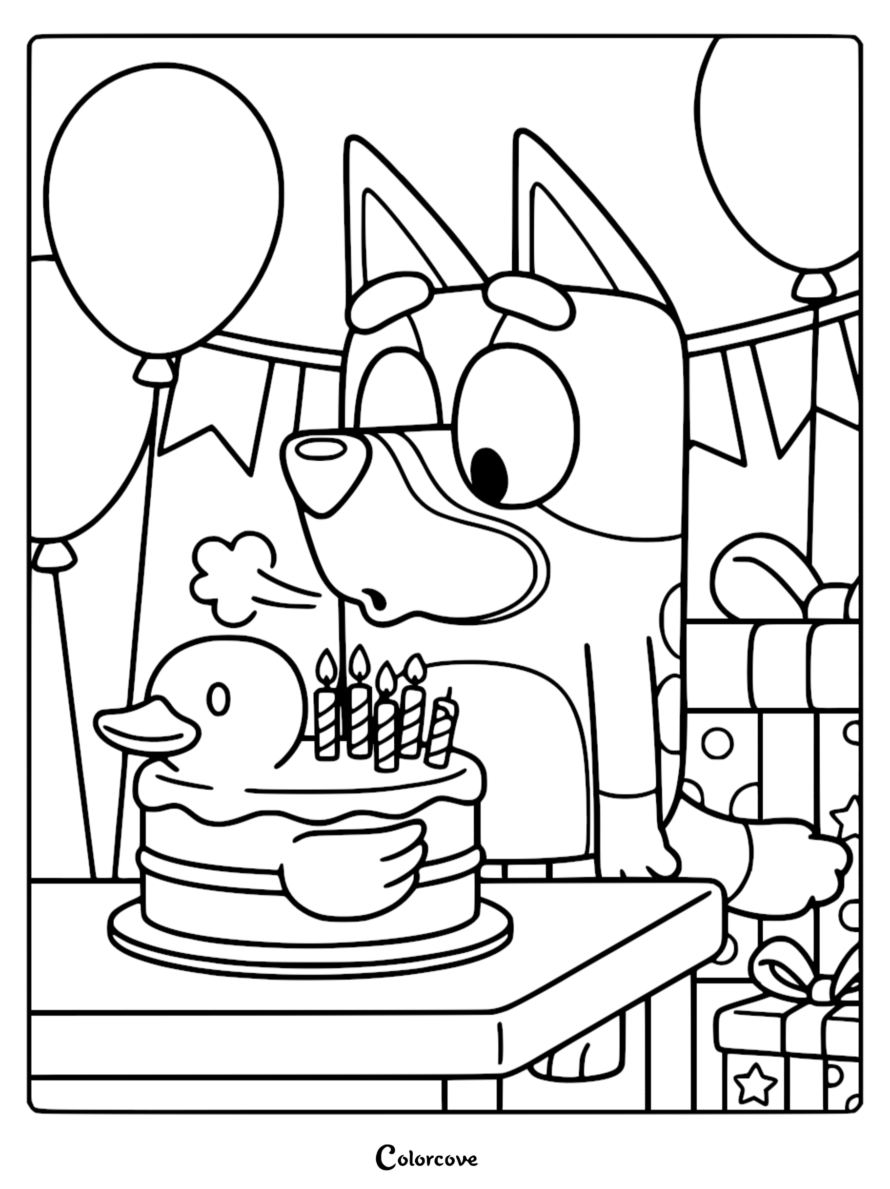 A detailed coloring page featuring Bluey blowing out five candles on a famous duck cake, surrounded by party balloons and gifts.
