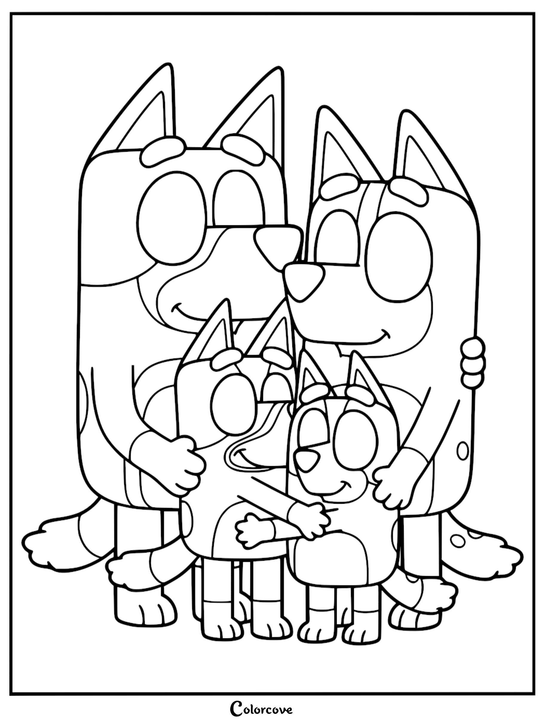 A printable coloring page featuring Bandit, Chilli, Bluey, and Bingo in a warm family group hug with simple line art.