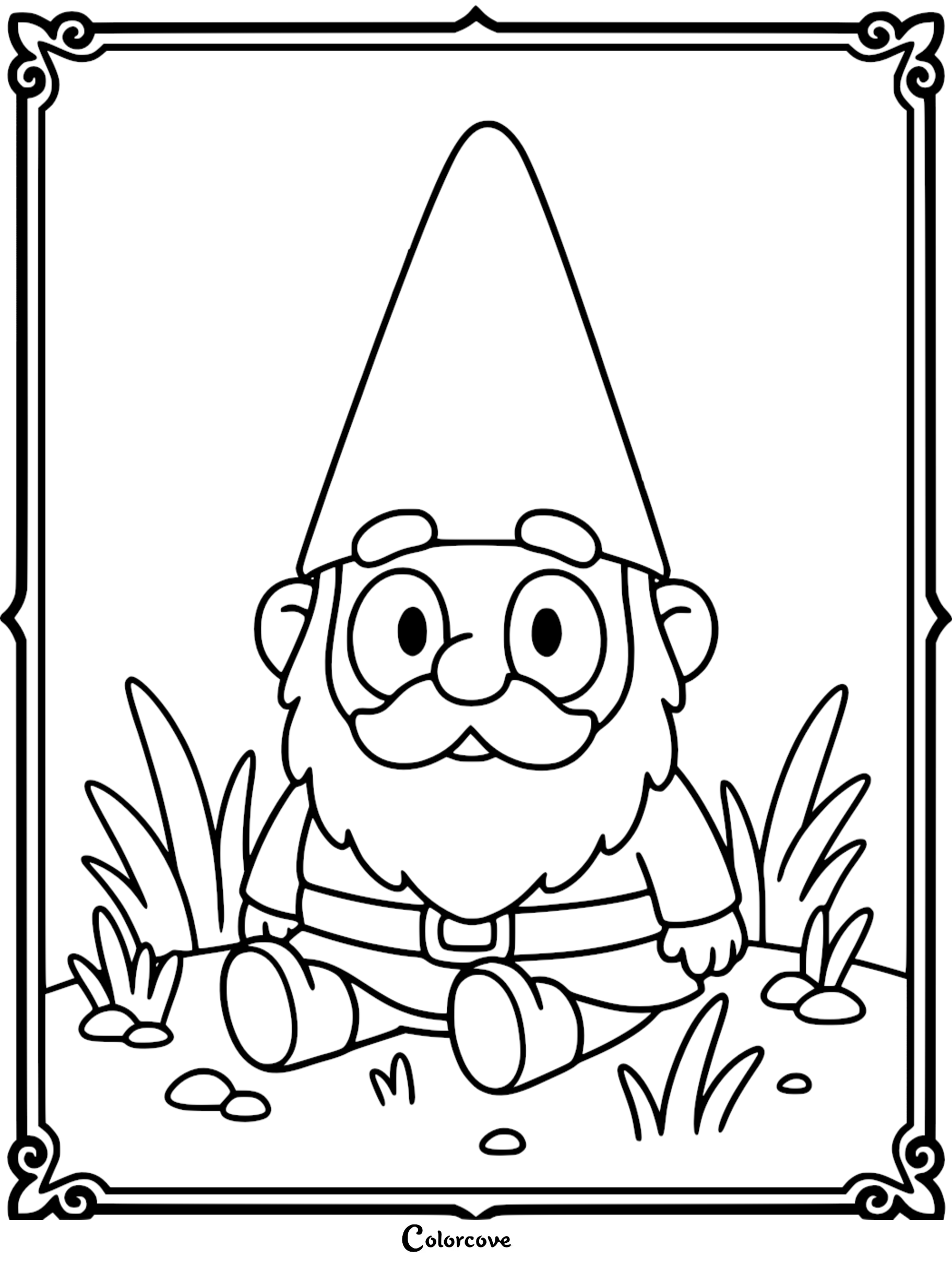 A line art coloring page of Jeremy the garden gnome sitting in a grassy patch with a tall pointed hat and a bushy beard.