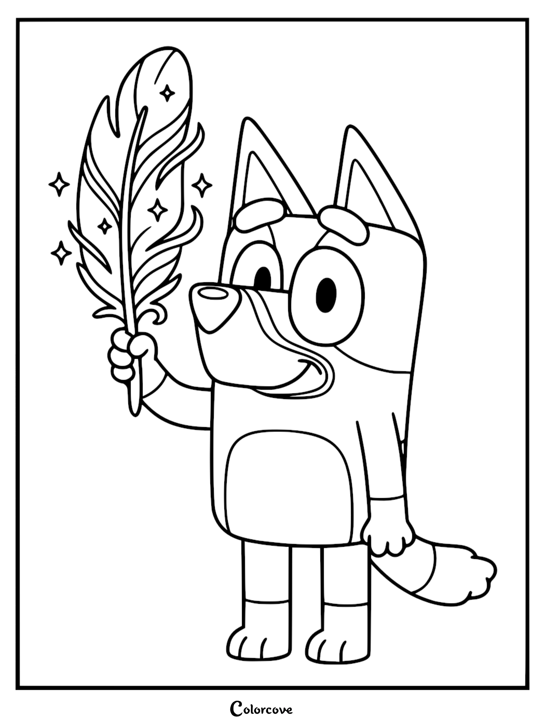 A line art coloring page of Bluey holding a large featherwand with small sparkles floating around it.