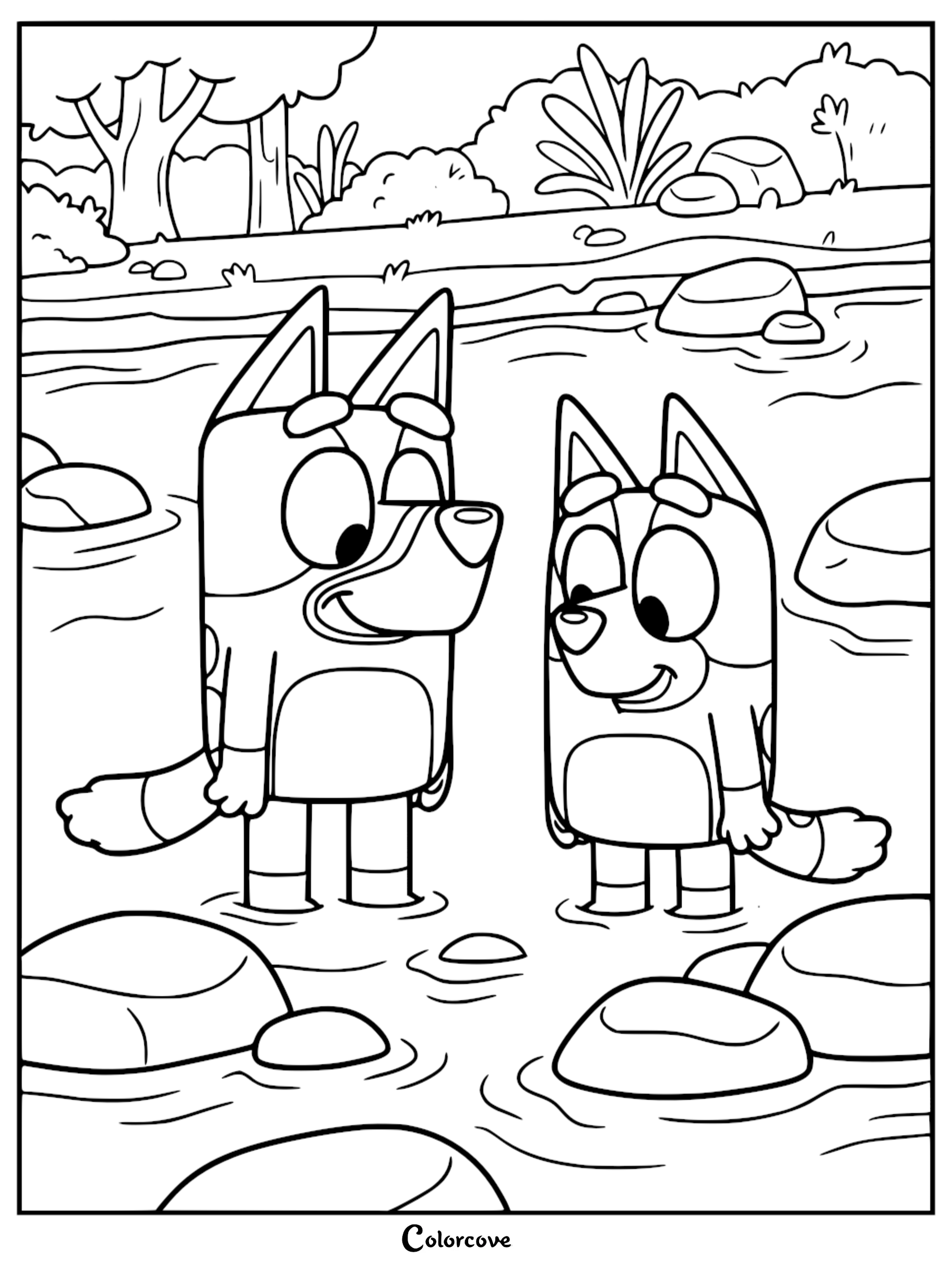 A printable coloring page featuring Bluey and Bingo standing in a shallow creek with smooth river rocks and a forest background.