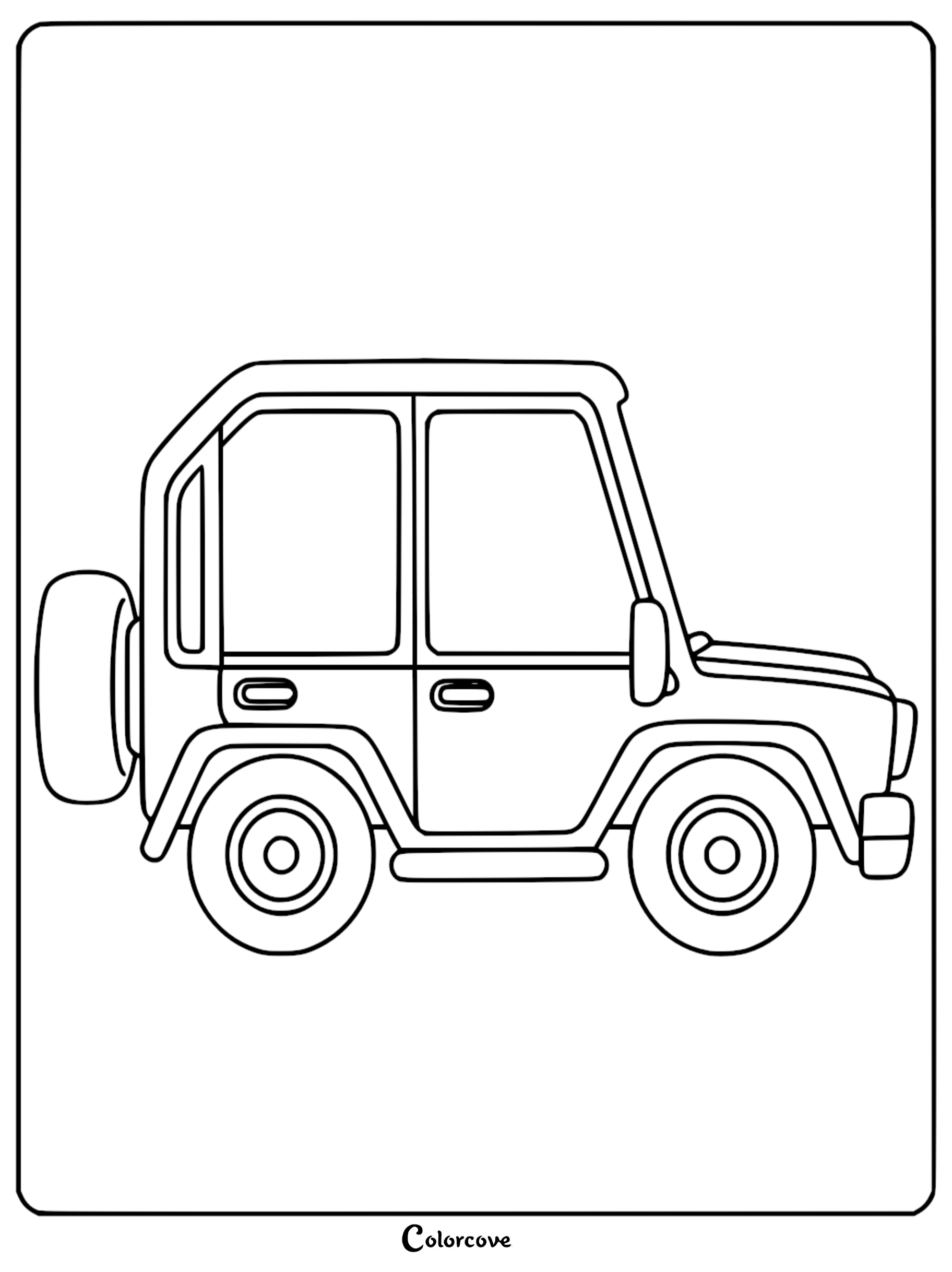 A detailed line art coloring page of the Heeler family's 4WD vehicle featuring a spare tire and side mirrors.
