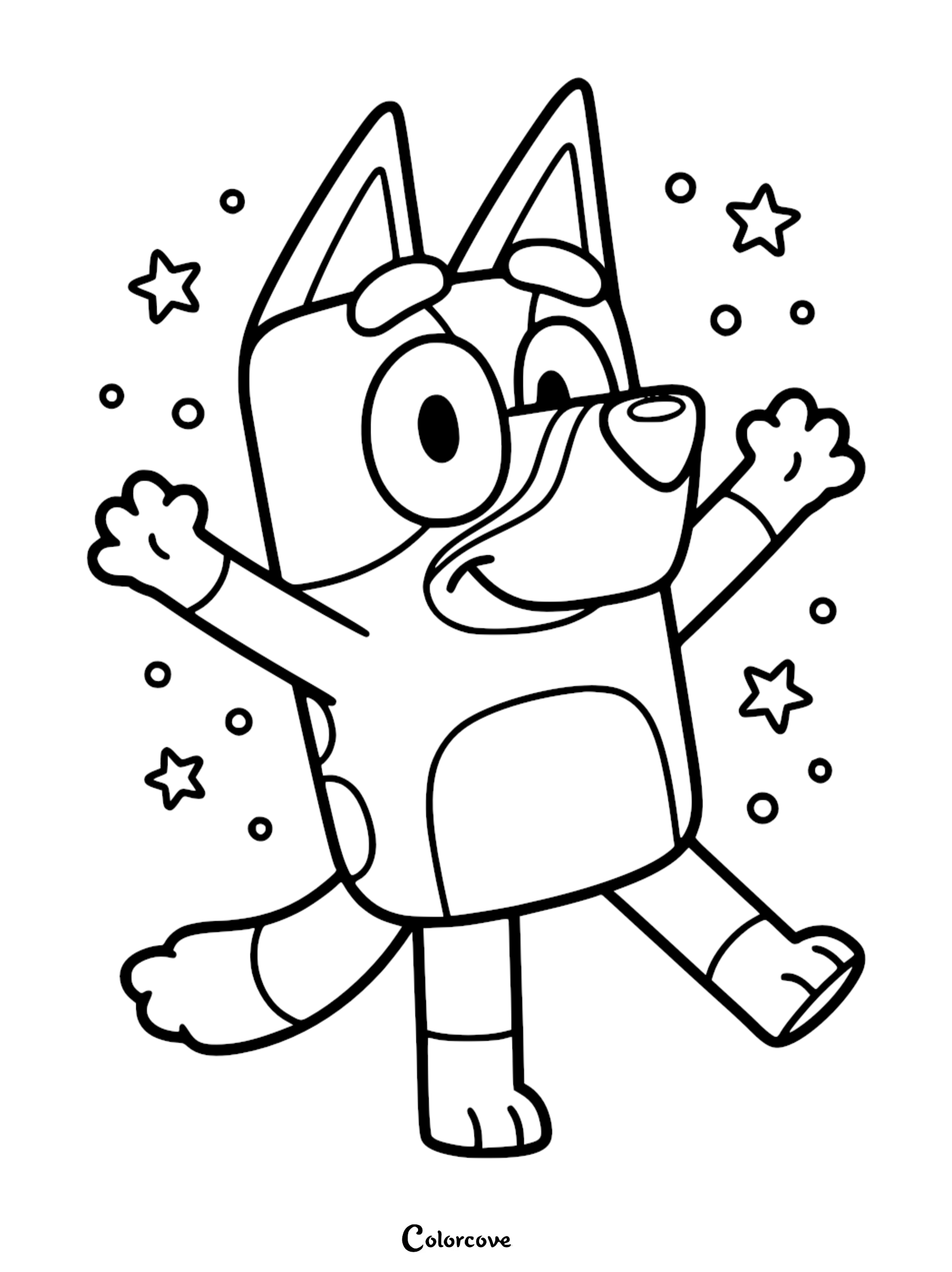 Line art coloring page of Bluey jumping with arms outstretched, surrounded by five-pointed stars and small circular bubbles.