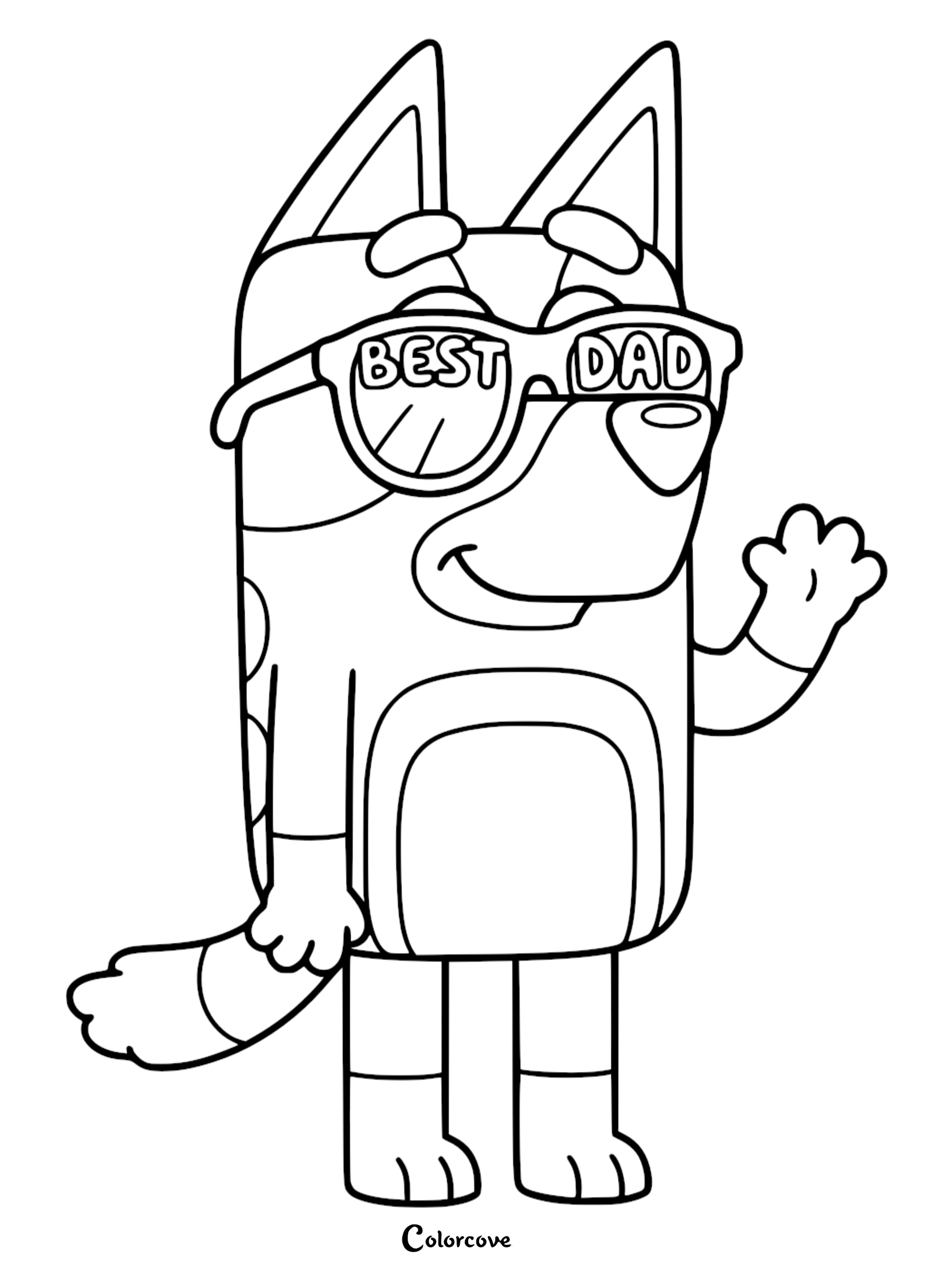 A detailed line art coloring page of Bandit from Bluey wearing sunglasses with BEST DAD written on the lenses.