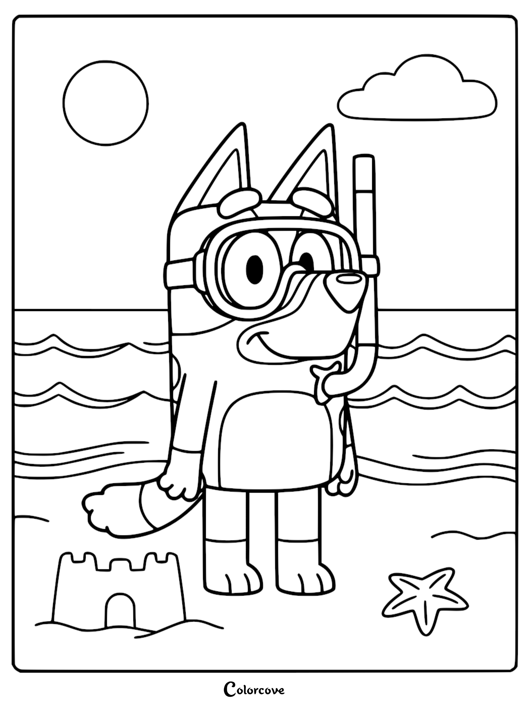 A detailed line art coloring page of Bluey wearing a snorkel mask and holding a breathing tube on a beach with a sandcastle, starfish, and ocean waves.