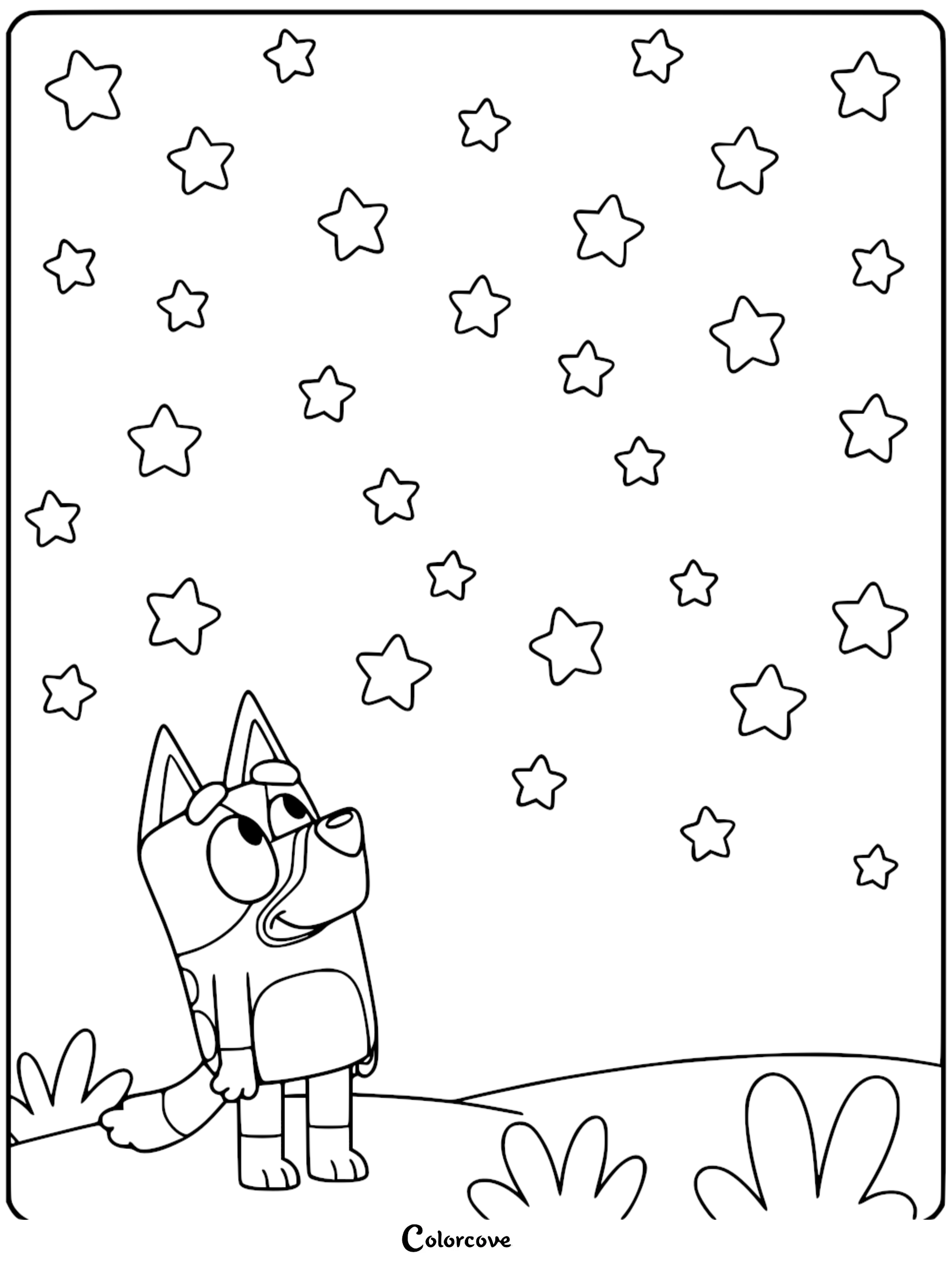 A detailed line art coloring page of Bluey standing on a grassy hill looking up at a night sky filled with many five-pointed stars.