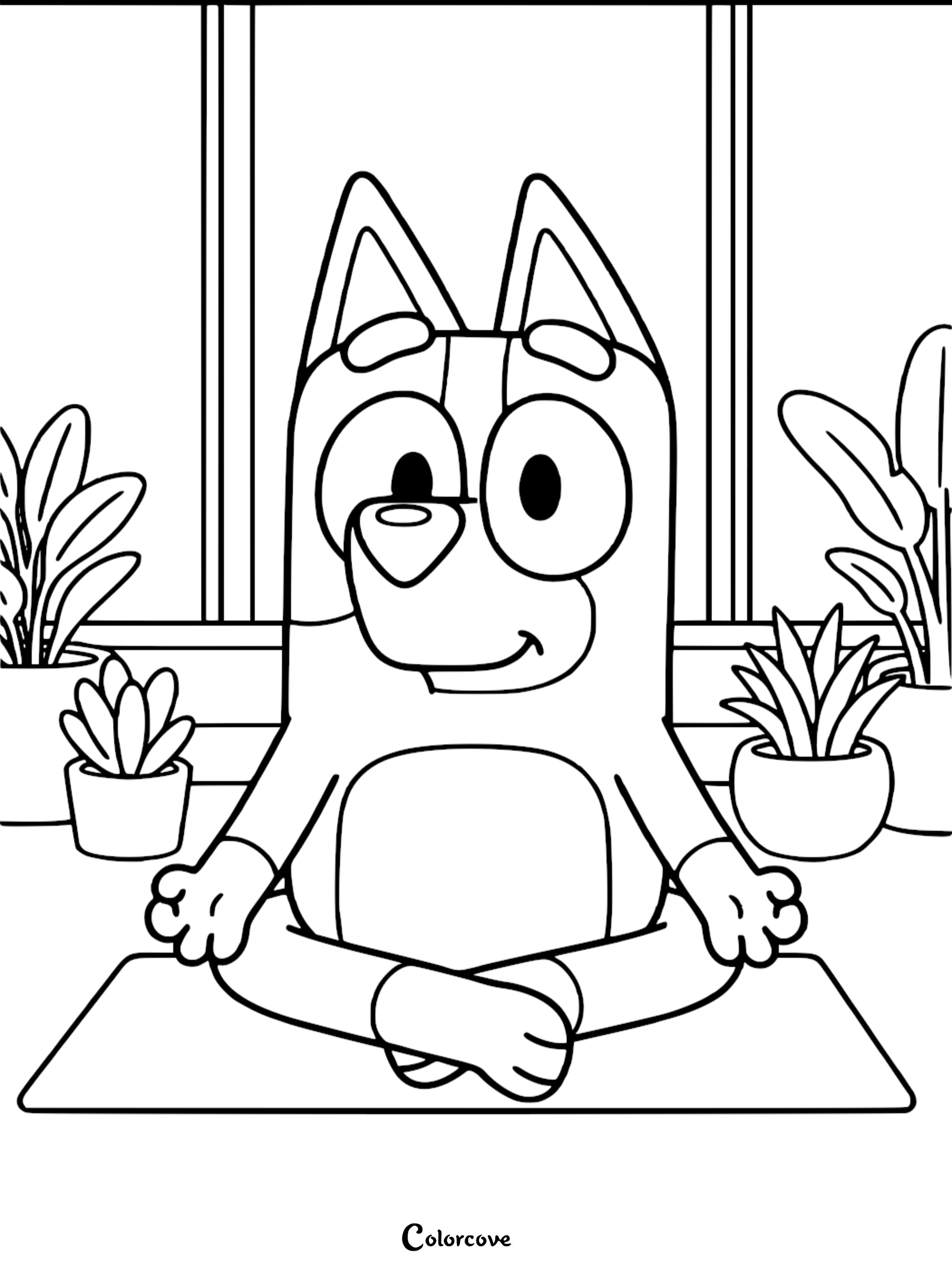A detailed coloring page of Bluey sitting cross-legged on a yoga mat in front of a window with potted plants.