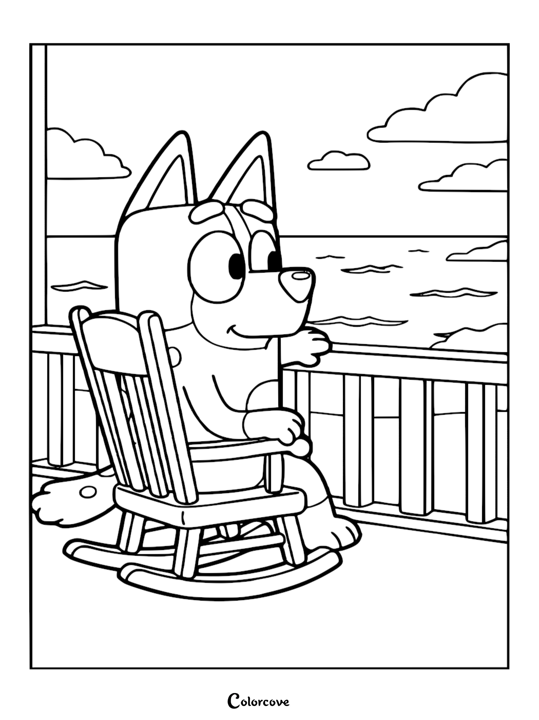 A detailed line art coloring page of Bluey sitting in a wooden rocking chair on a balcony overlooking the ocean waves and clouds.