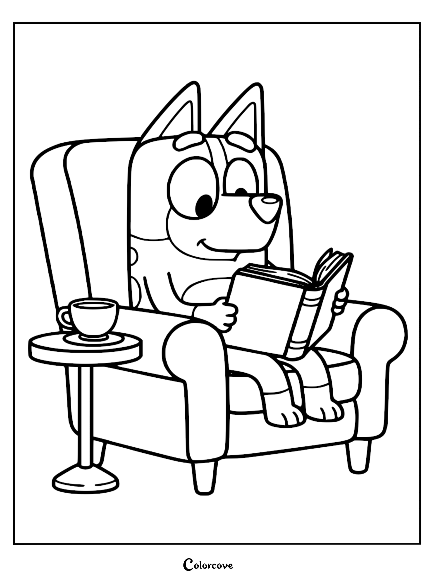 A detailed coloring page of Bluey sitting in a large armchair reading a book with a teacup on a side table.
