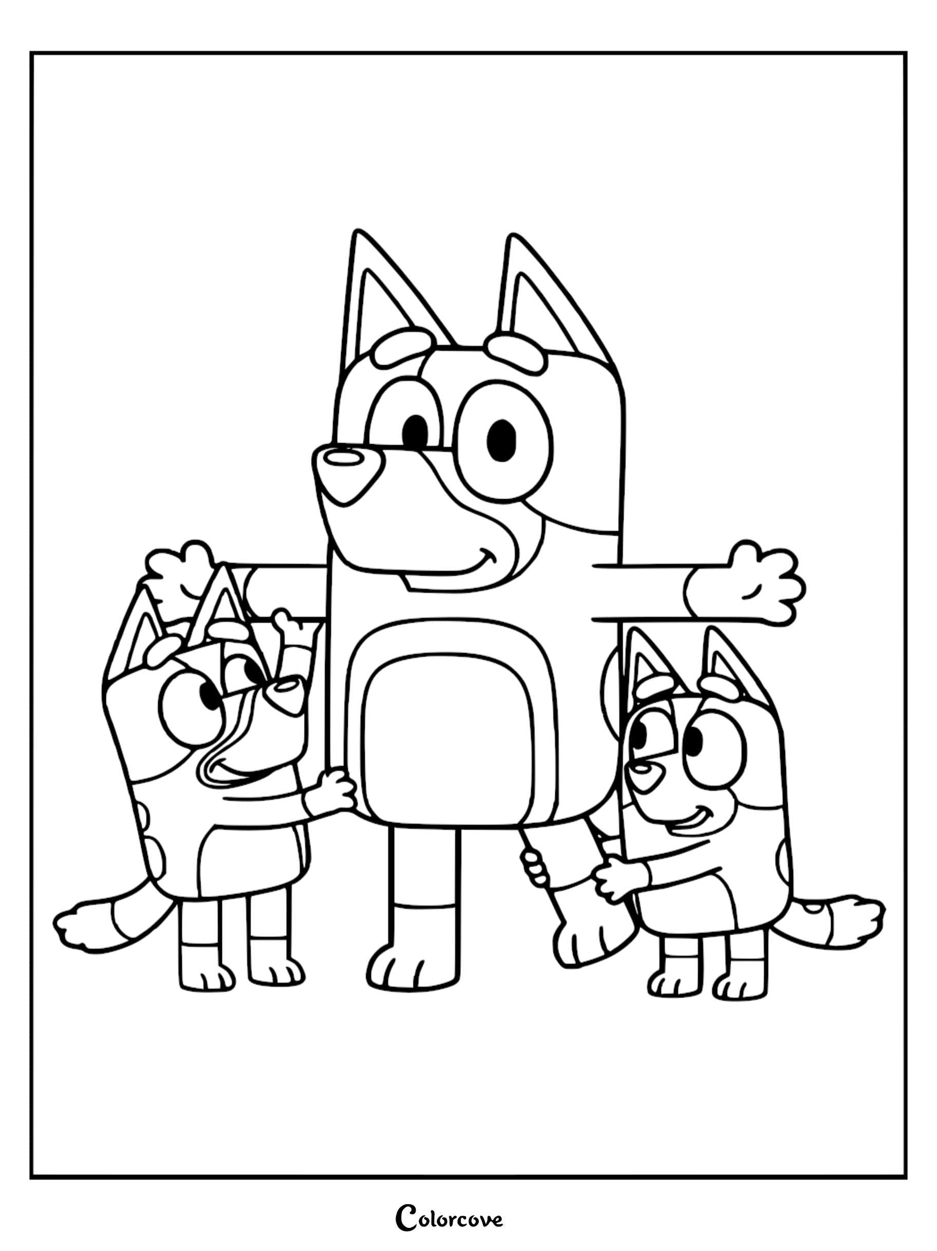 A detailed line art coloring page of Bandit standing with his arms outstretched as Bluey and Bingo hug his legs and waist with happy expressions.