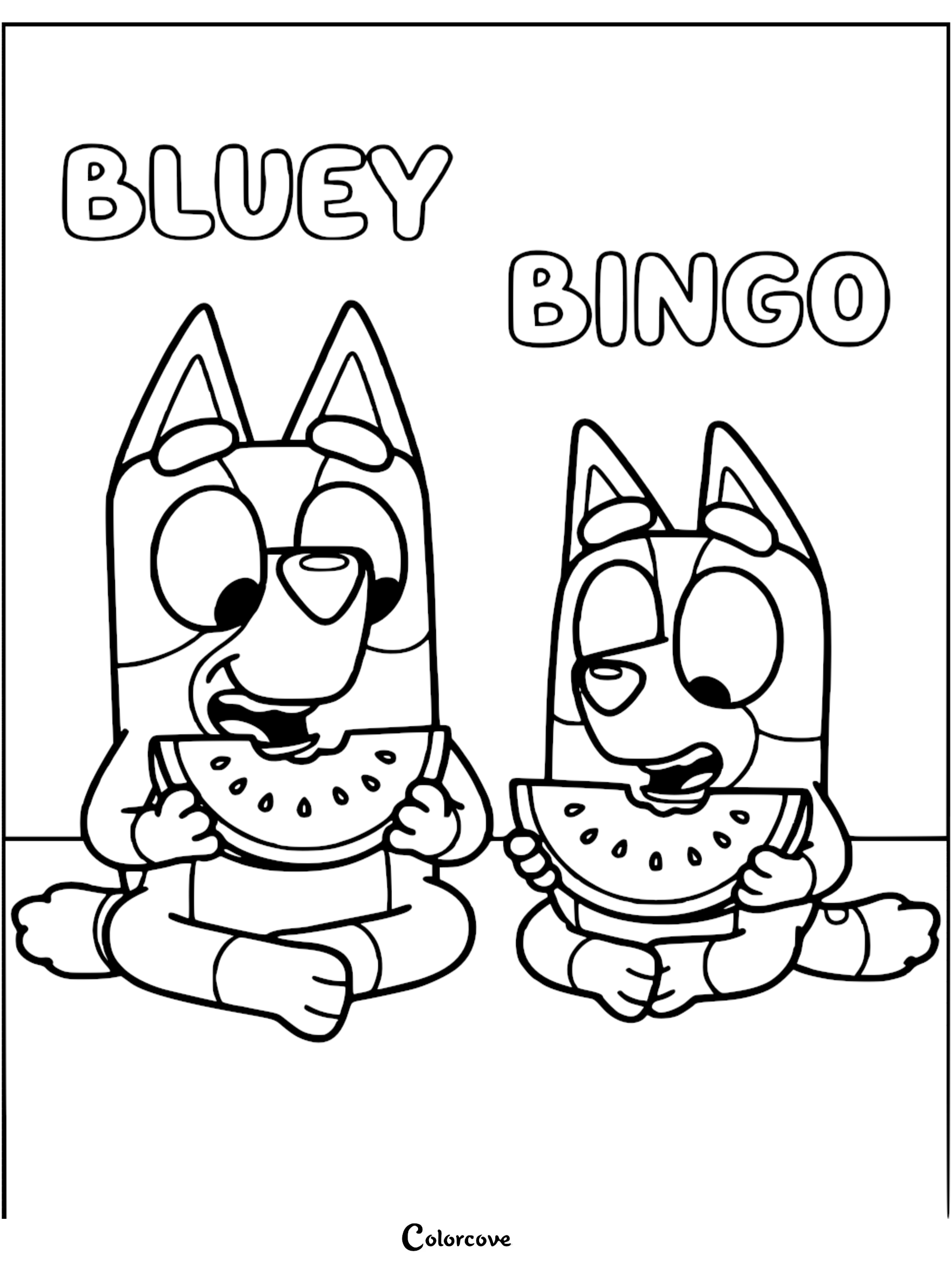 A detailed line art coloring page of Bluey and Bingo sitting on the floor eating large slices of watermelon with seeds, featuring their names in bubble letters above.