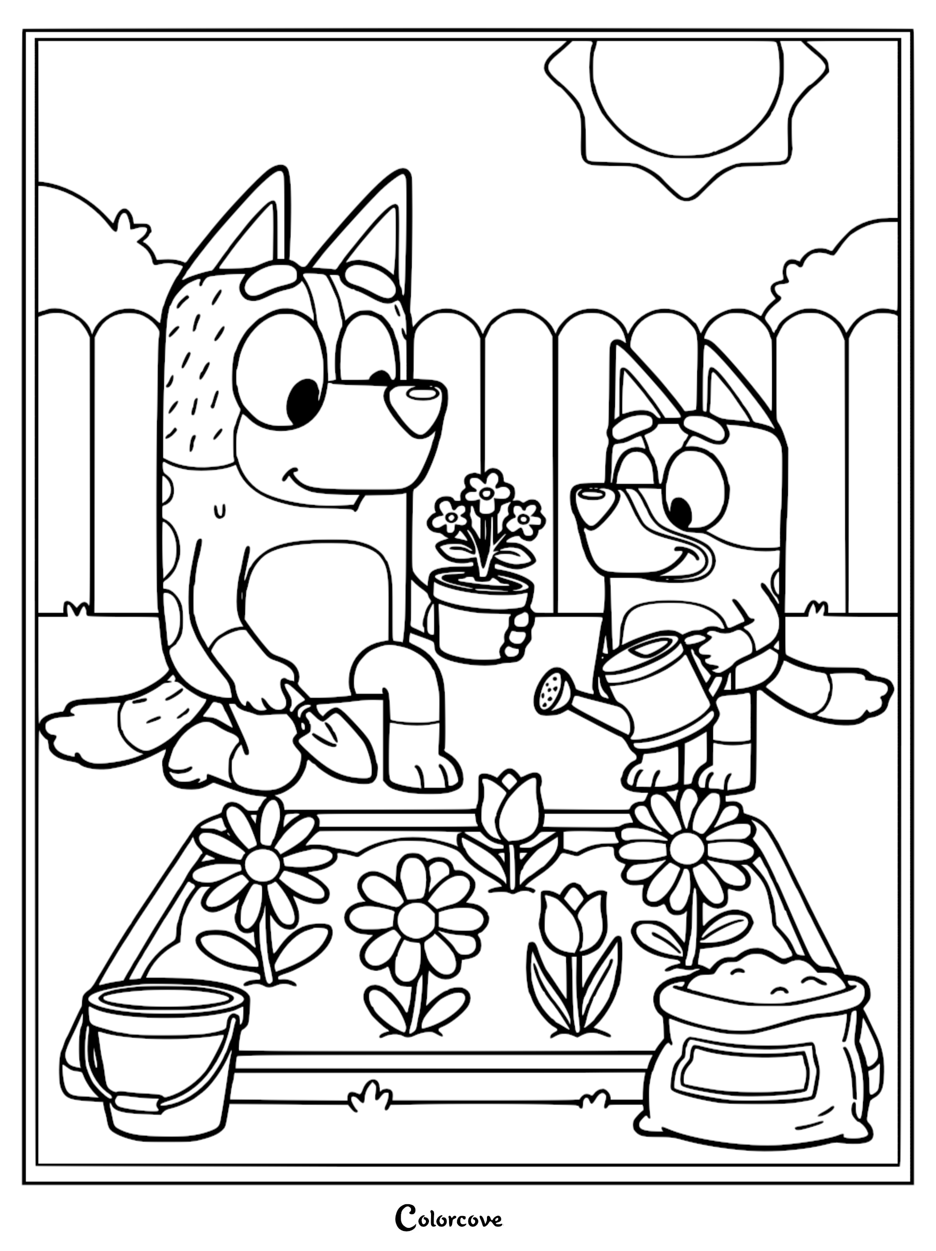 A detailed line art coloring page of Chilli kneeling with a trowel and Bluey holding a watering can in a garden bed filled with flowers.