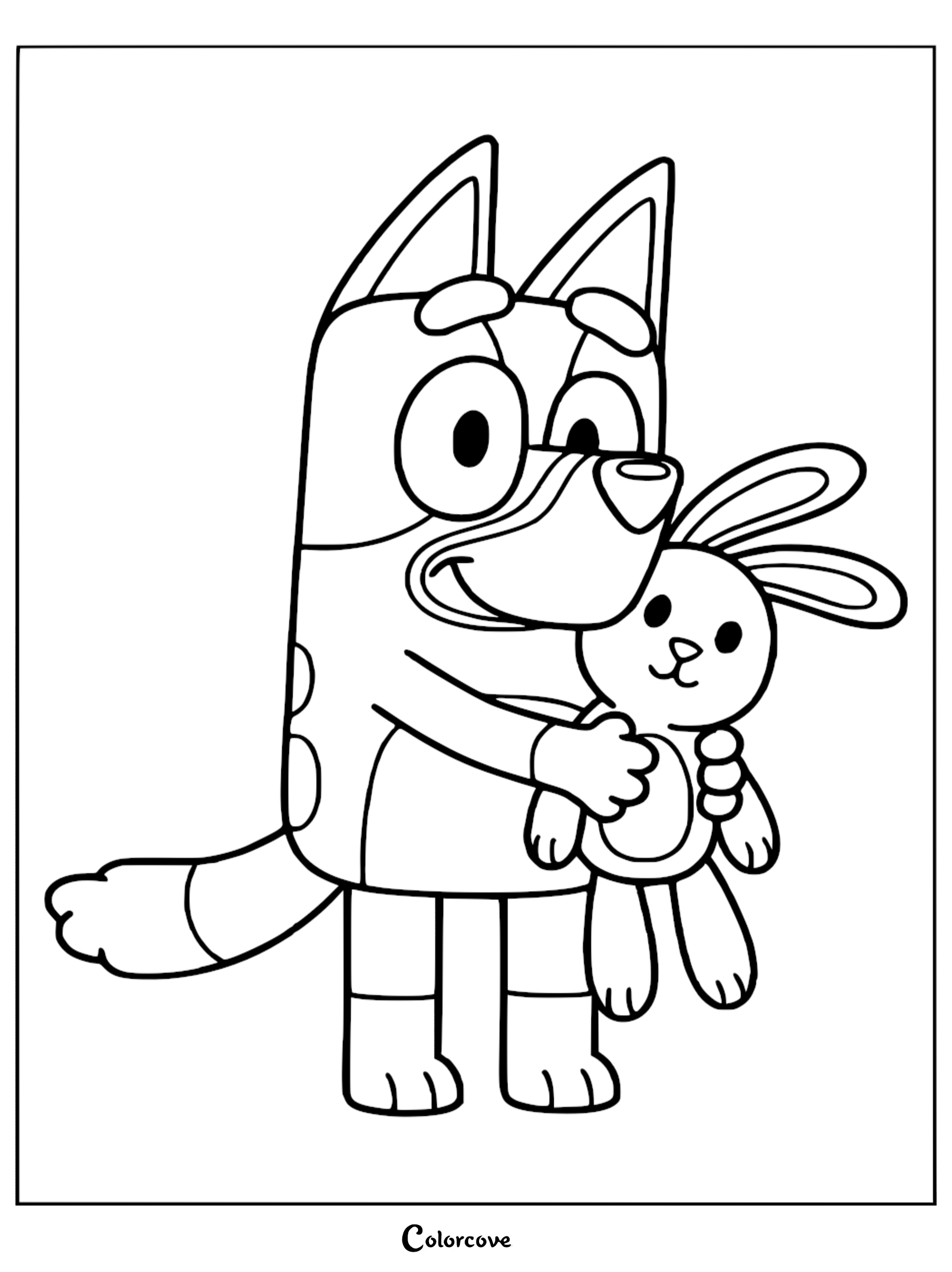 A black and white line art coloring page of Bluey standing and hugging her stuffed rabbit Floppy with a smile.
