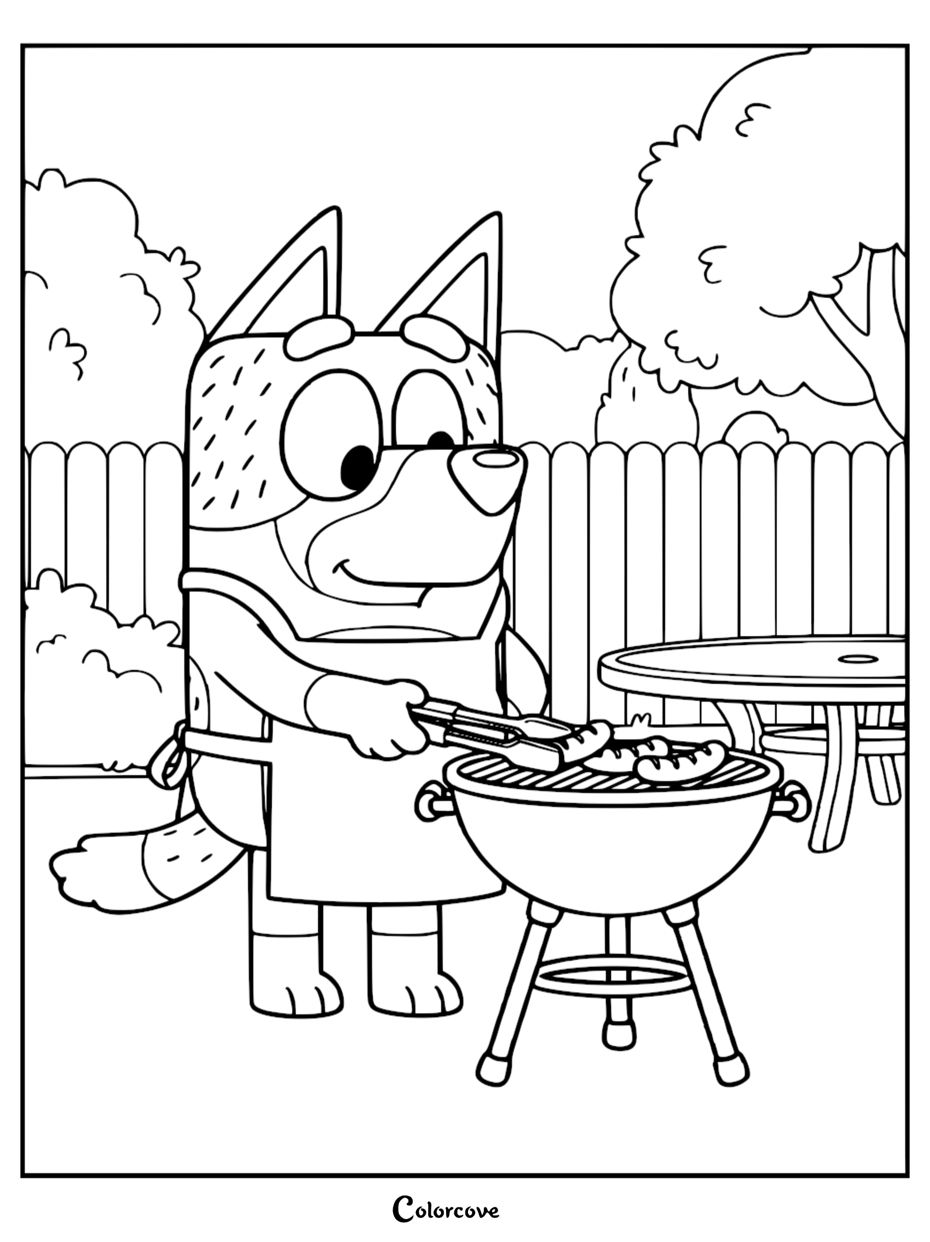 A coloring page of Bandit wearing an apron while grilling sausages on a kettle barbecue in a backyard.