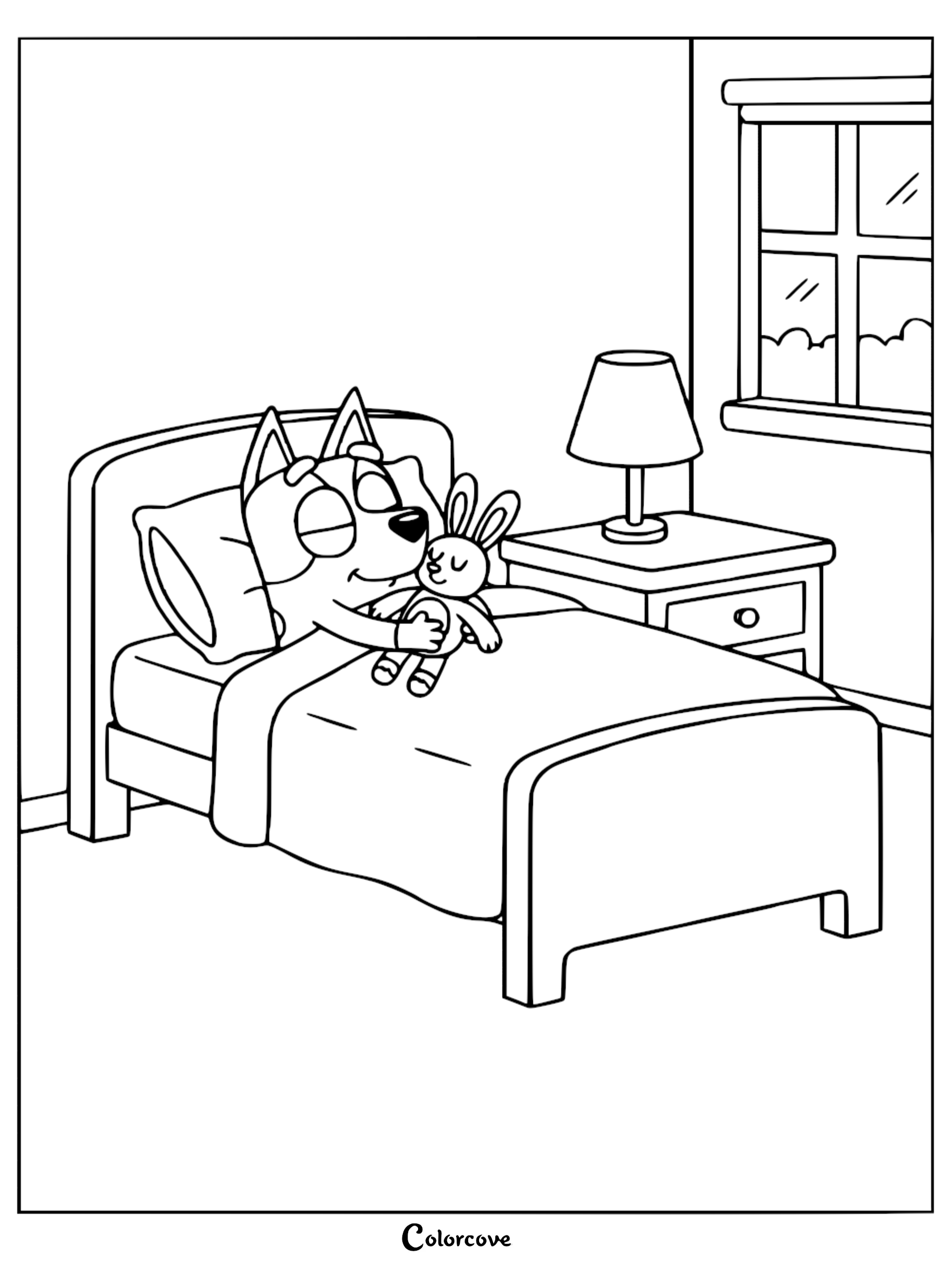 A detailed coloring page of Bingo sleeping in her bed and hugging Floppy the bunny next to a bedside lamp.