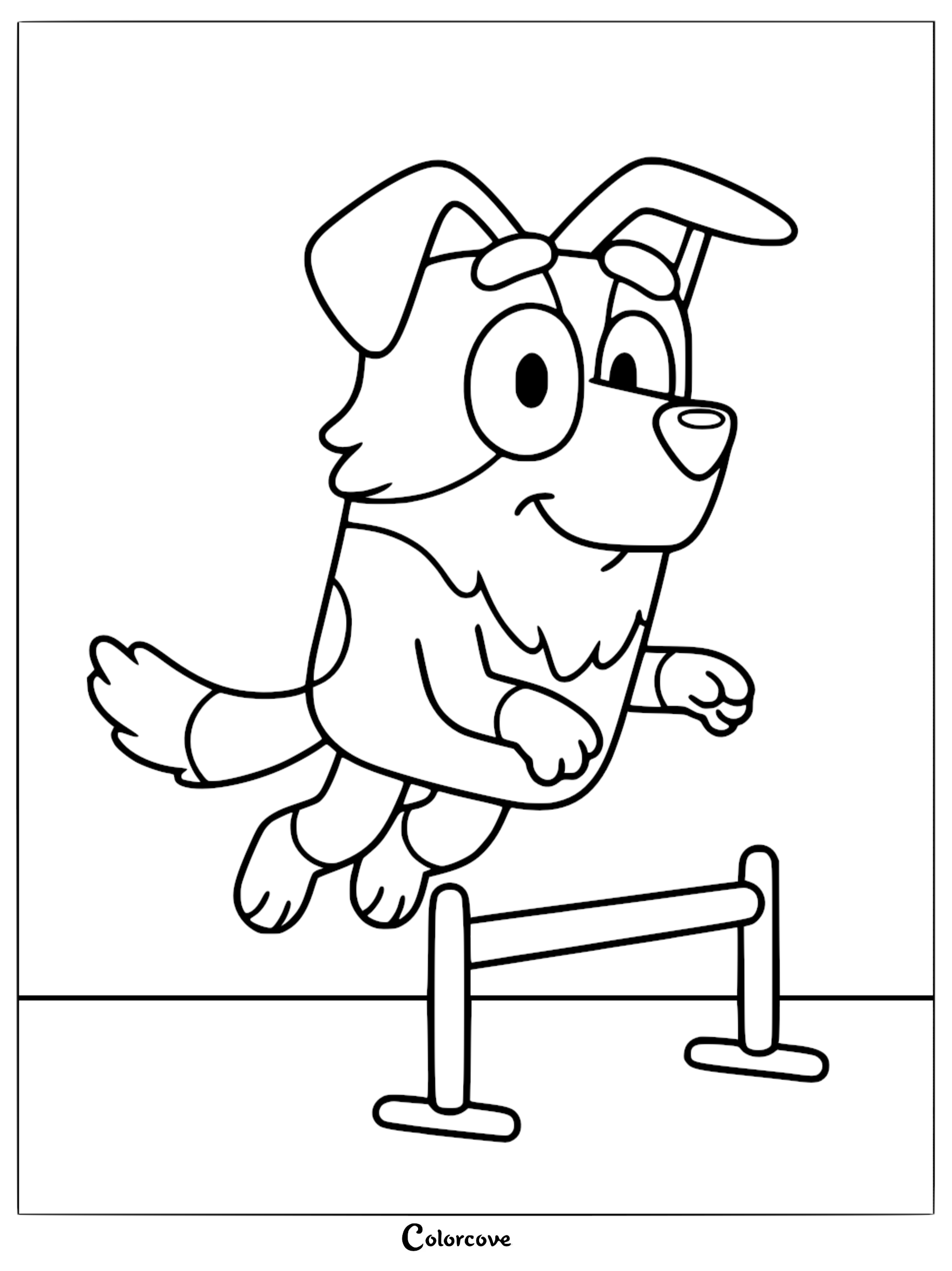 A line art coloring page of Mackenzie jumping over a hurdle with his front paws tucked and ears flopping.