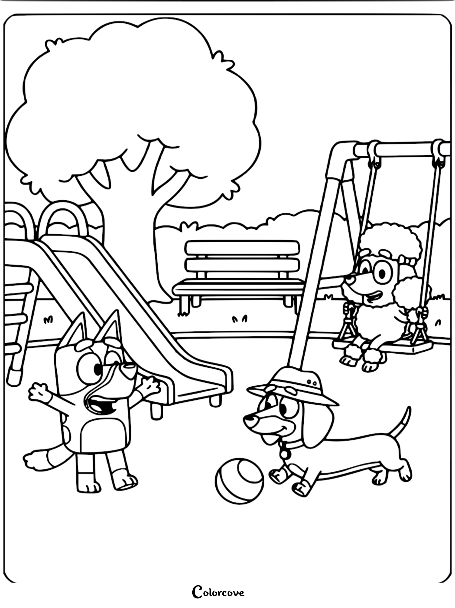 A detailed line art coloring page of Bluey, Snickers wearing a hat with a ball, and Coco on a swing at a playground.