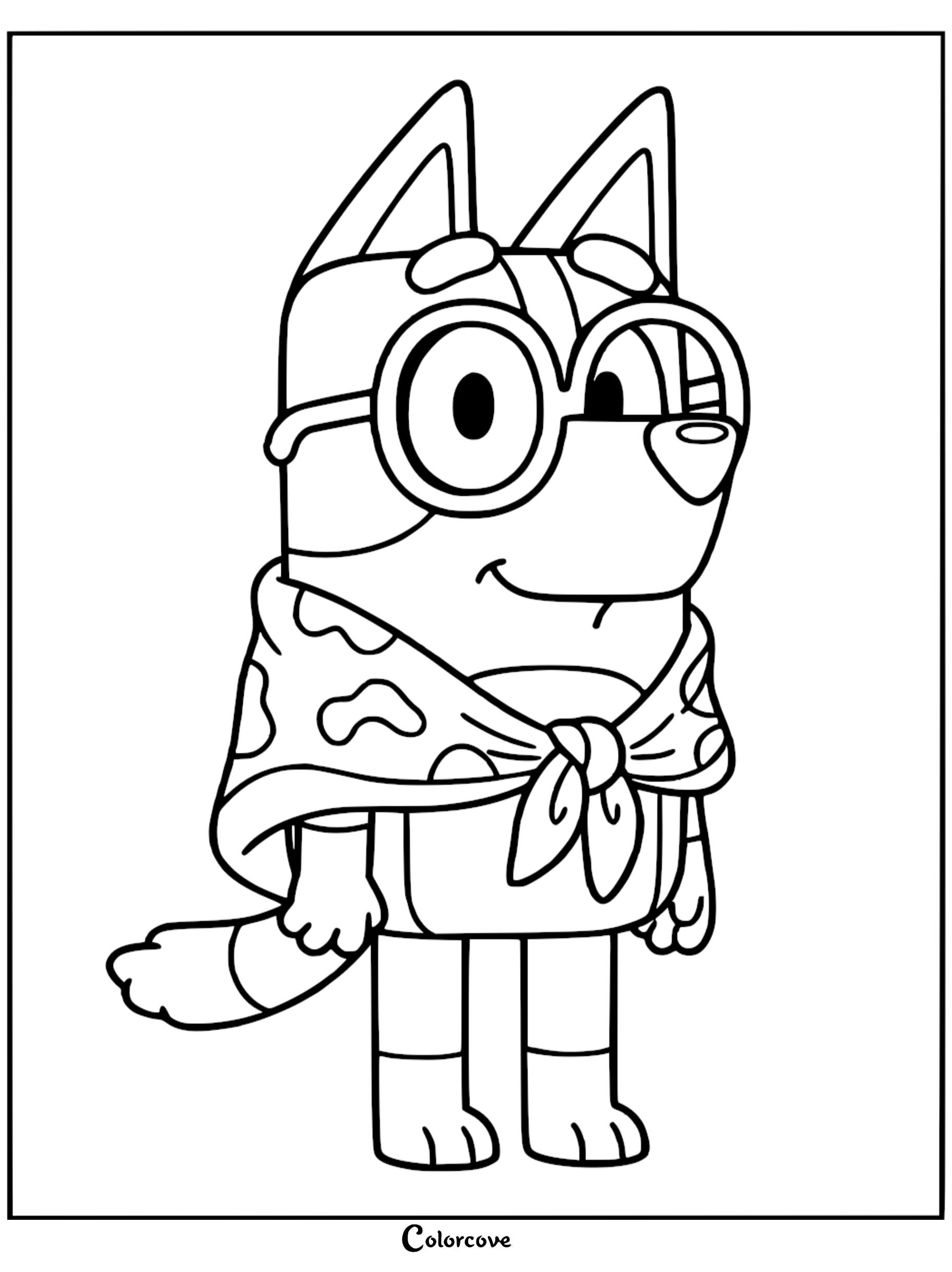 A line art coloring page of Honey from Bluey wearing her signature round glasses and a spotted cape tied at her neck.