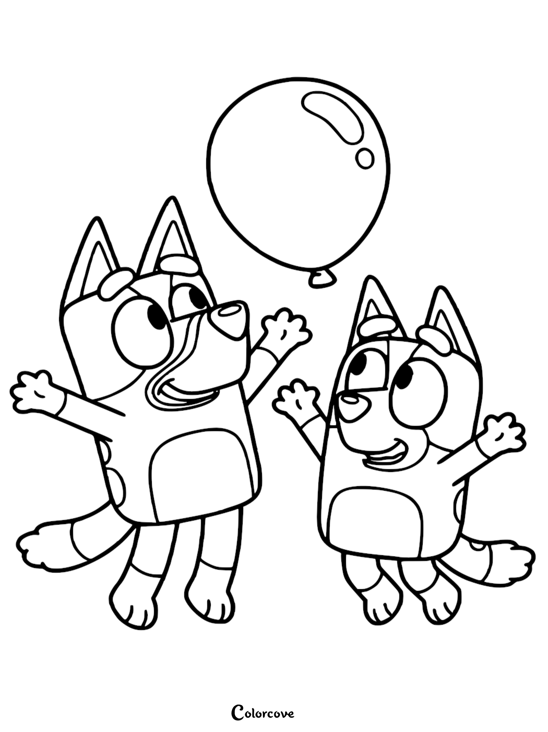 A detailed line art coloring page of Bluey and Bingo jumping with arms raised to catch a floating balloon.