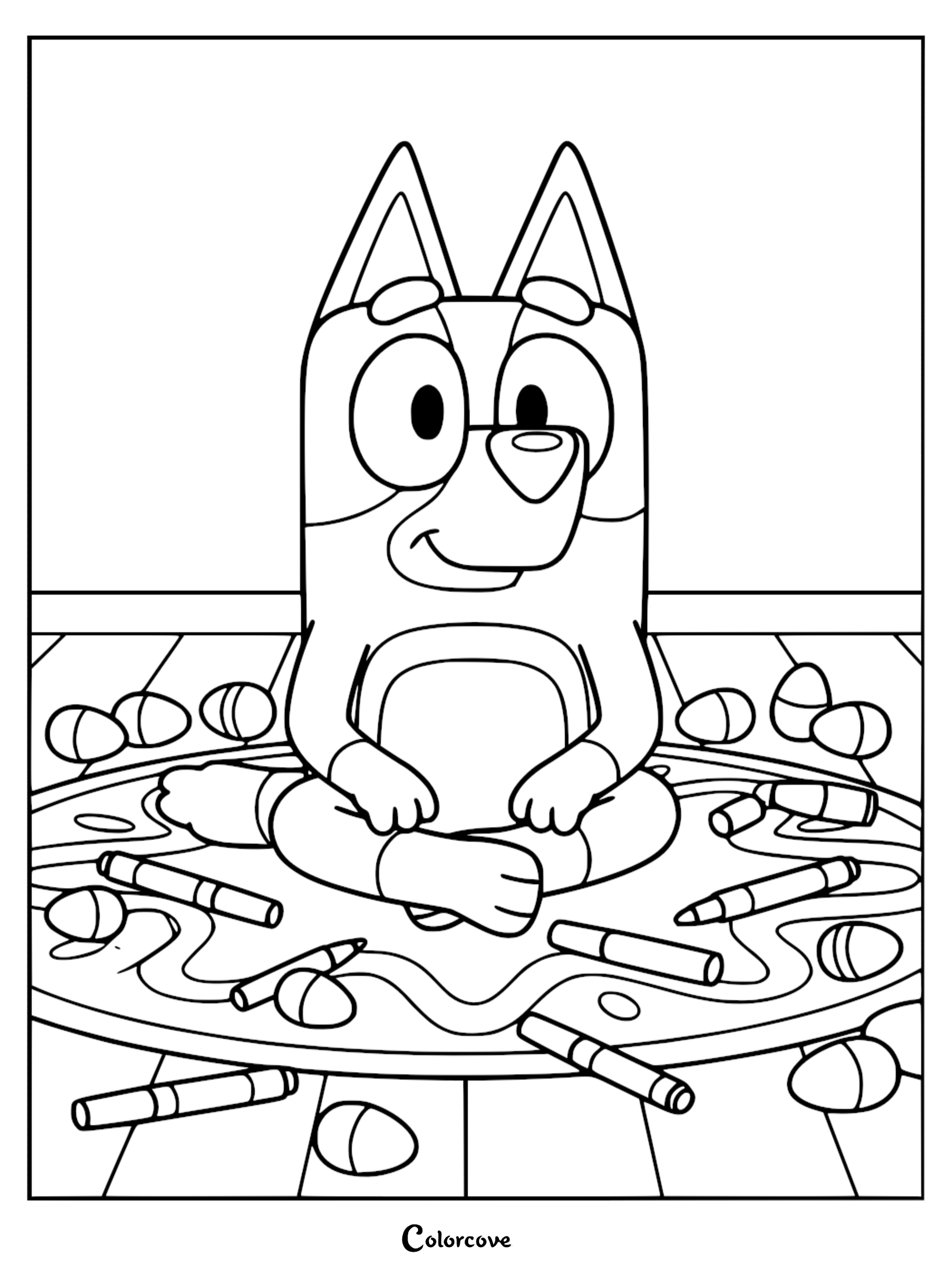 A black and white coloring page showing Bluey sitting on a circular rug surrounded by markers and striped Easter eggs.