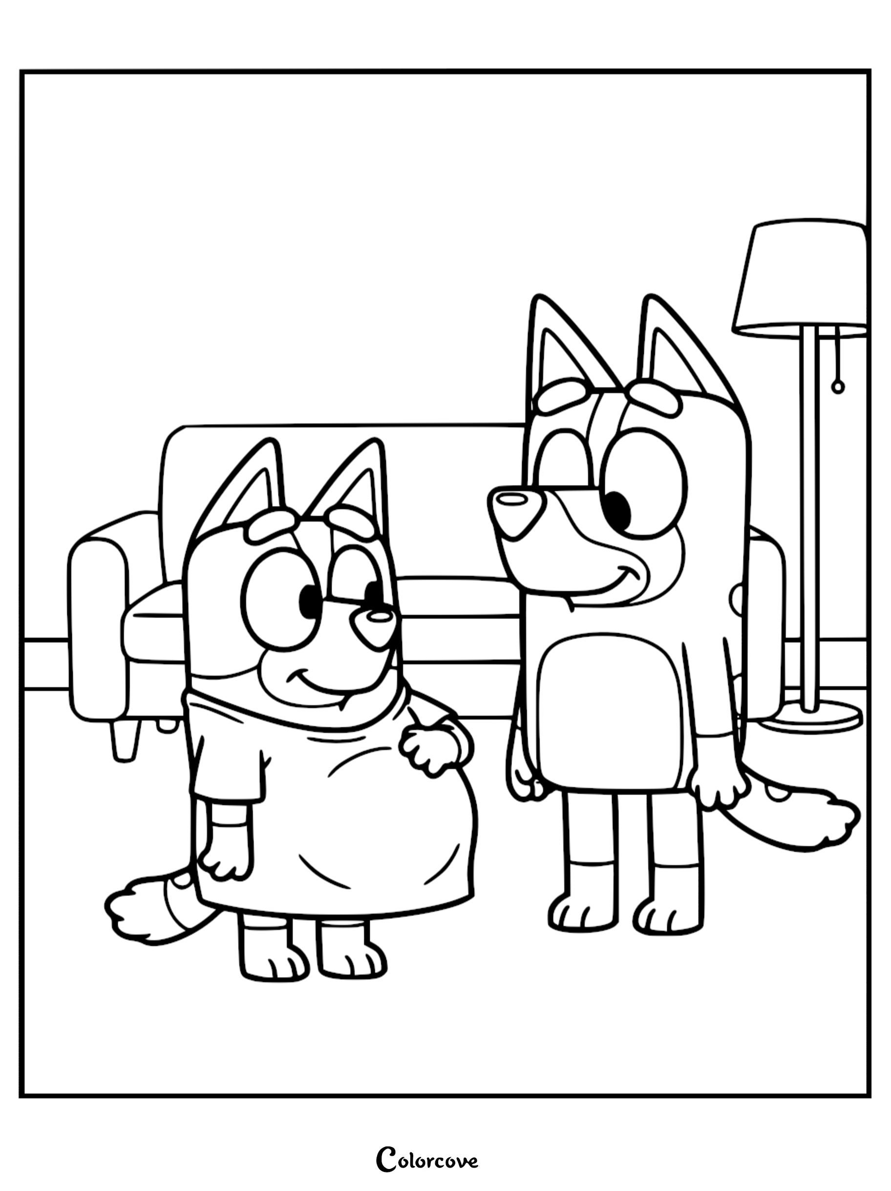Line art coloring page of Bingo with a ball under her shirt pretending to be pregnant while Bluey watches in the living room.