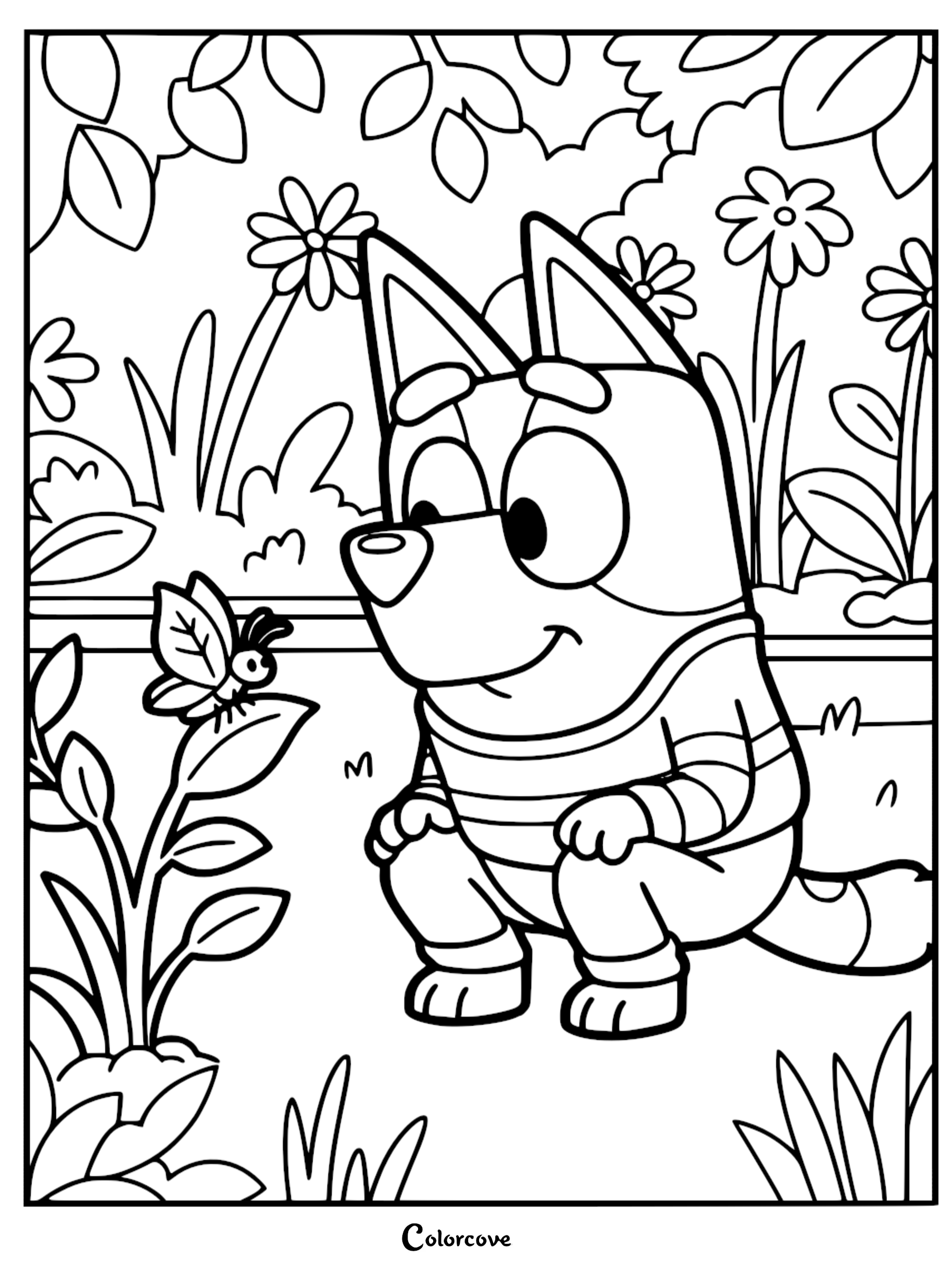 A detailed line art coloring page of Bluey with striped markings crouching in a garden and smiling at a small butterfly perched on a leaf.