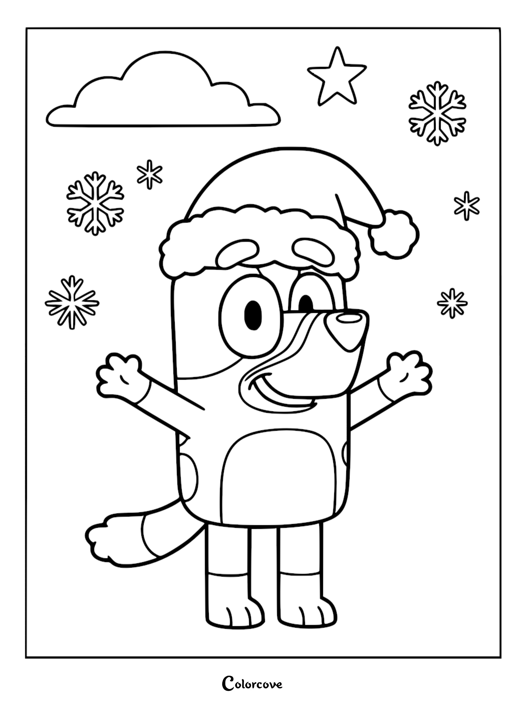 Line art coloring page of Bluey wearing a Santa hat with arms open wide, surrounded by various snowflake patterns, a star, and a cloud.