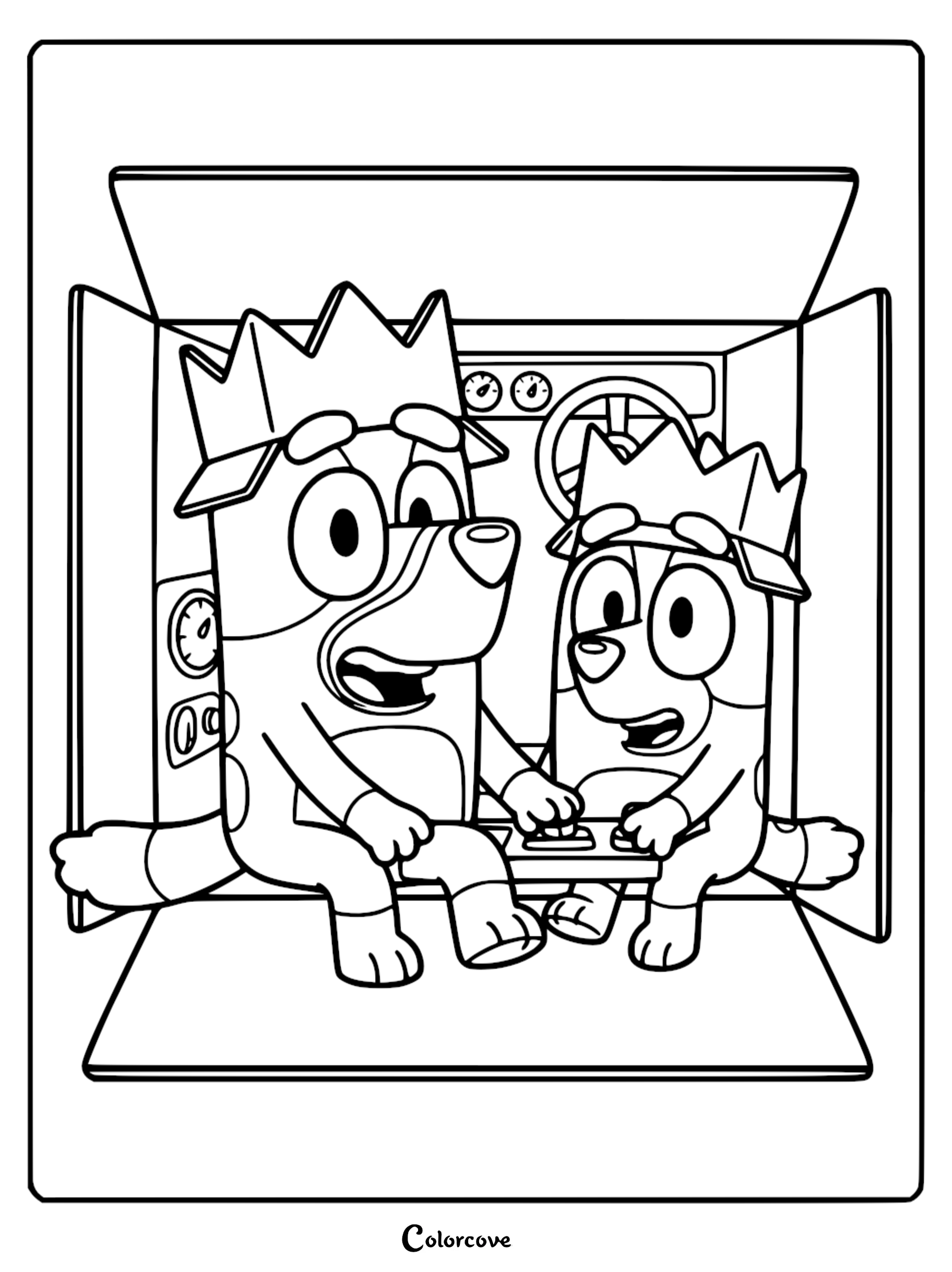 A detailed line art coloring page of Bluey and Bingo wearing paper crowns while sitting inside a cardboard box spaceship with a hand-drawn steering wheel and gauges.