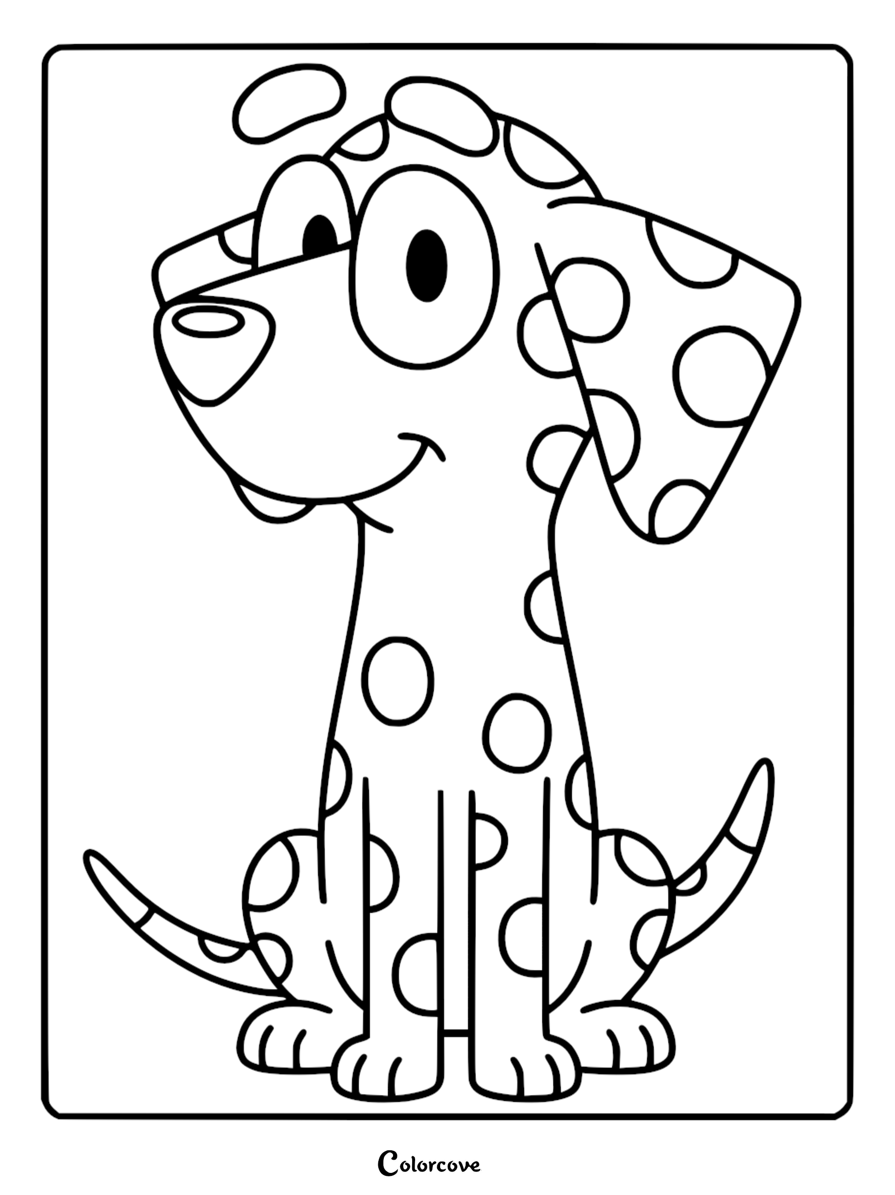 A detailed line art coloring page of Chloe from Bluey sitting down and smiling, featuring her signature spots and floppy ears.