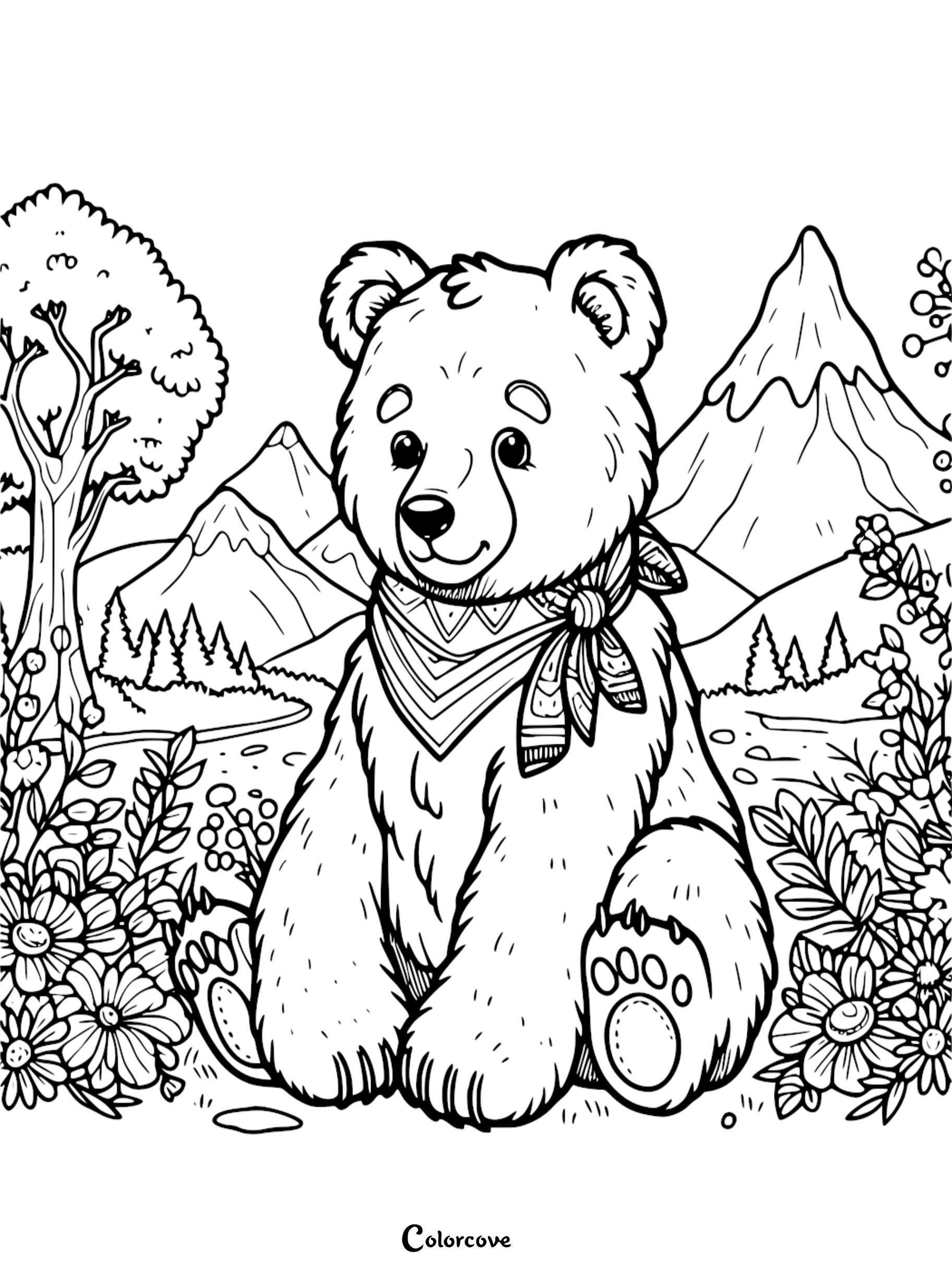 a bear sitting in a field of flowers