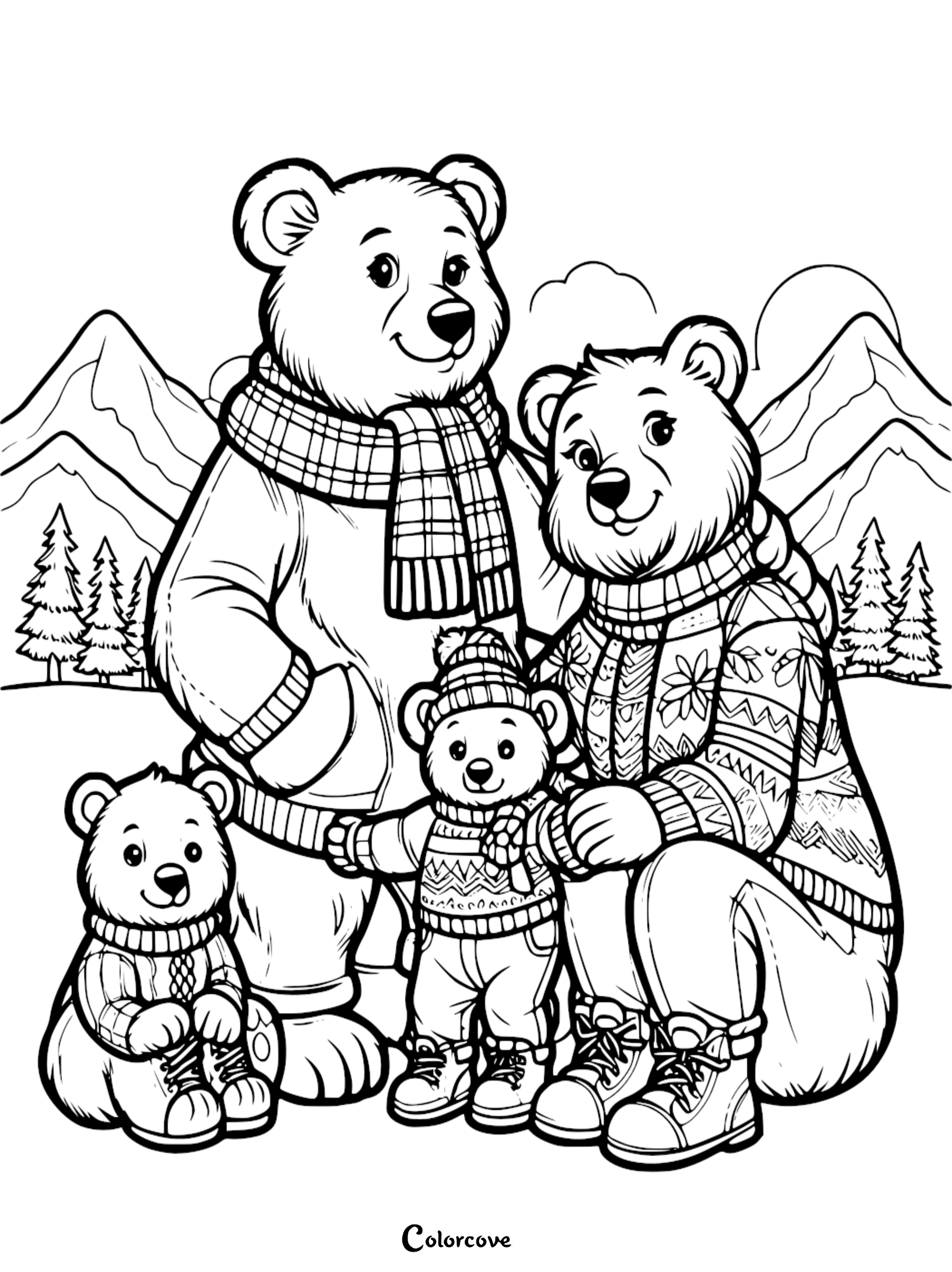 a group of bears in winter clothes