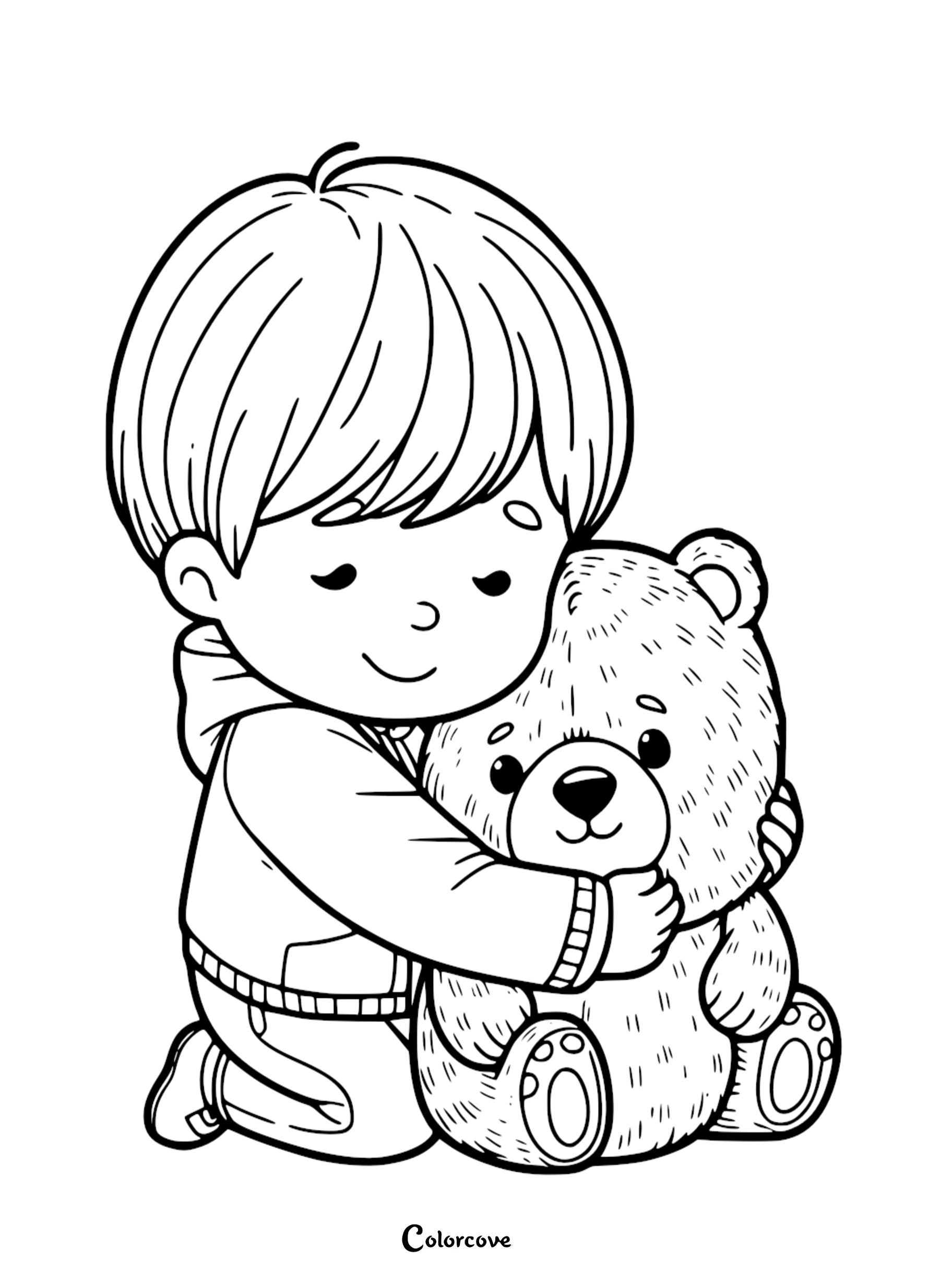 a cartoon of a boy hugging a teddy bear