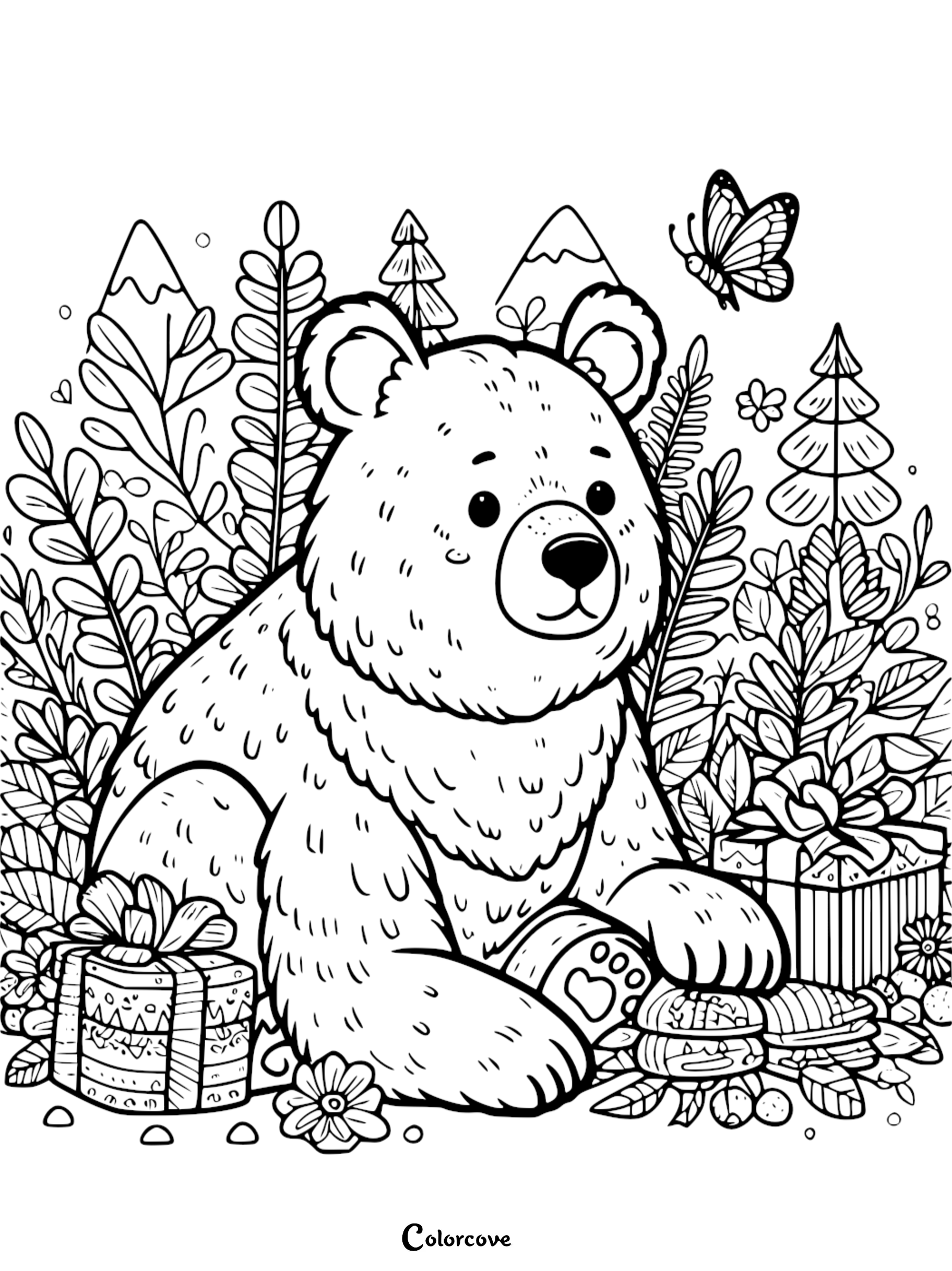 a bear with gifts and butterflies