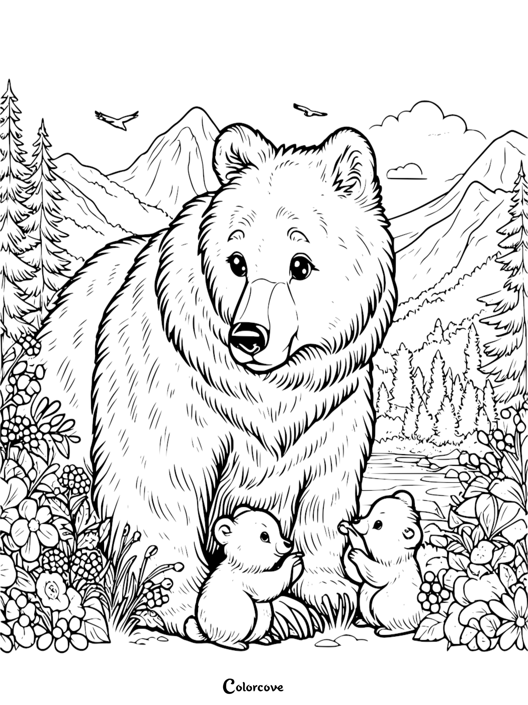 a bear with two cubs in a forest