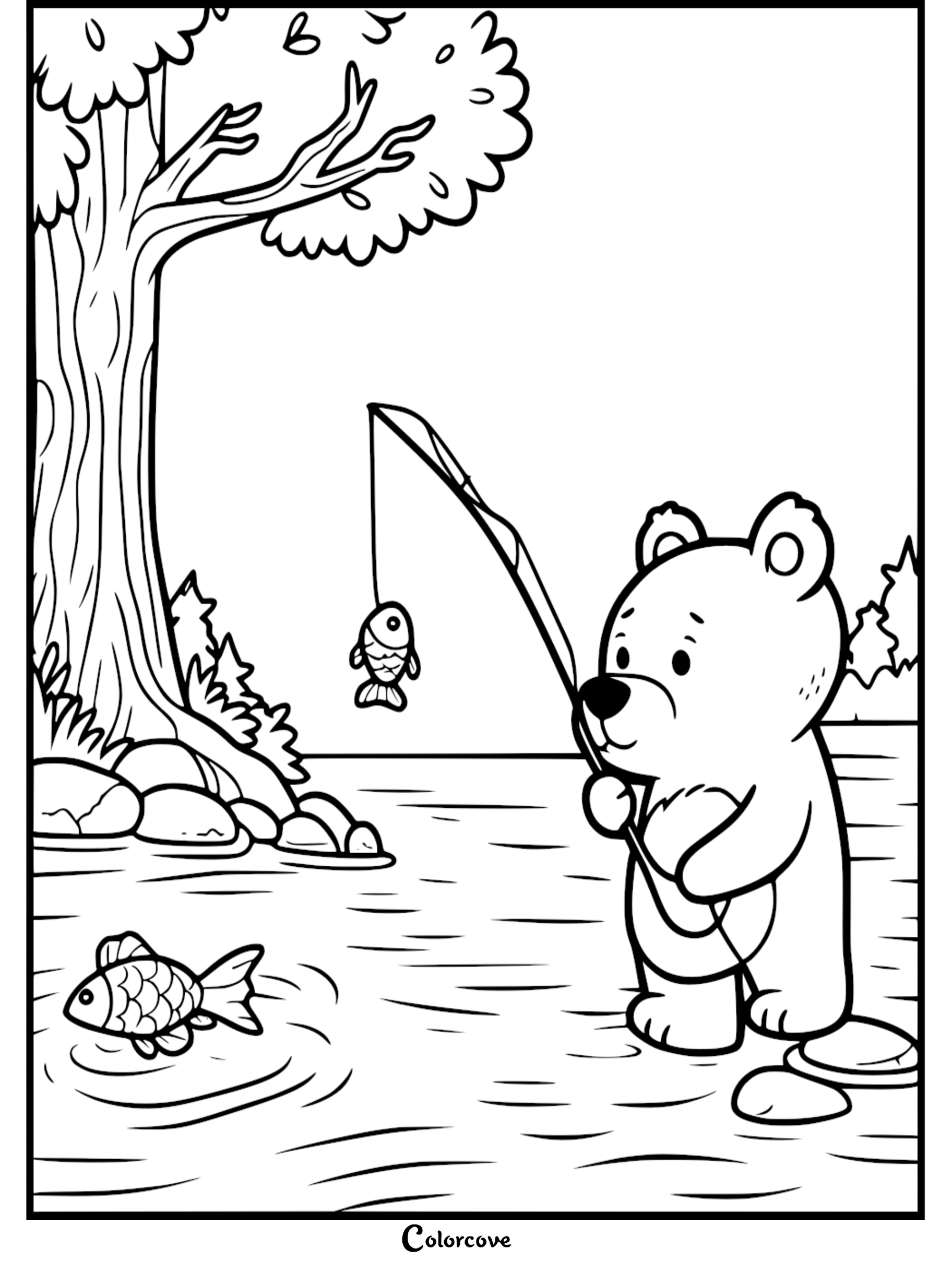 Bear fishing by a river under a tree, coloring page for kids.