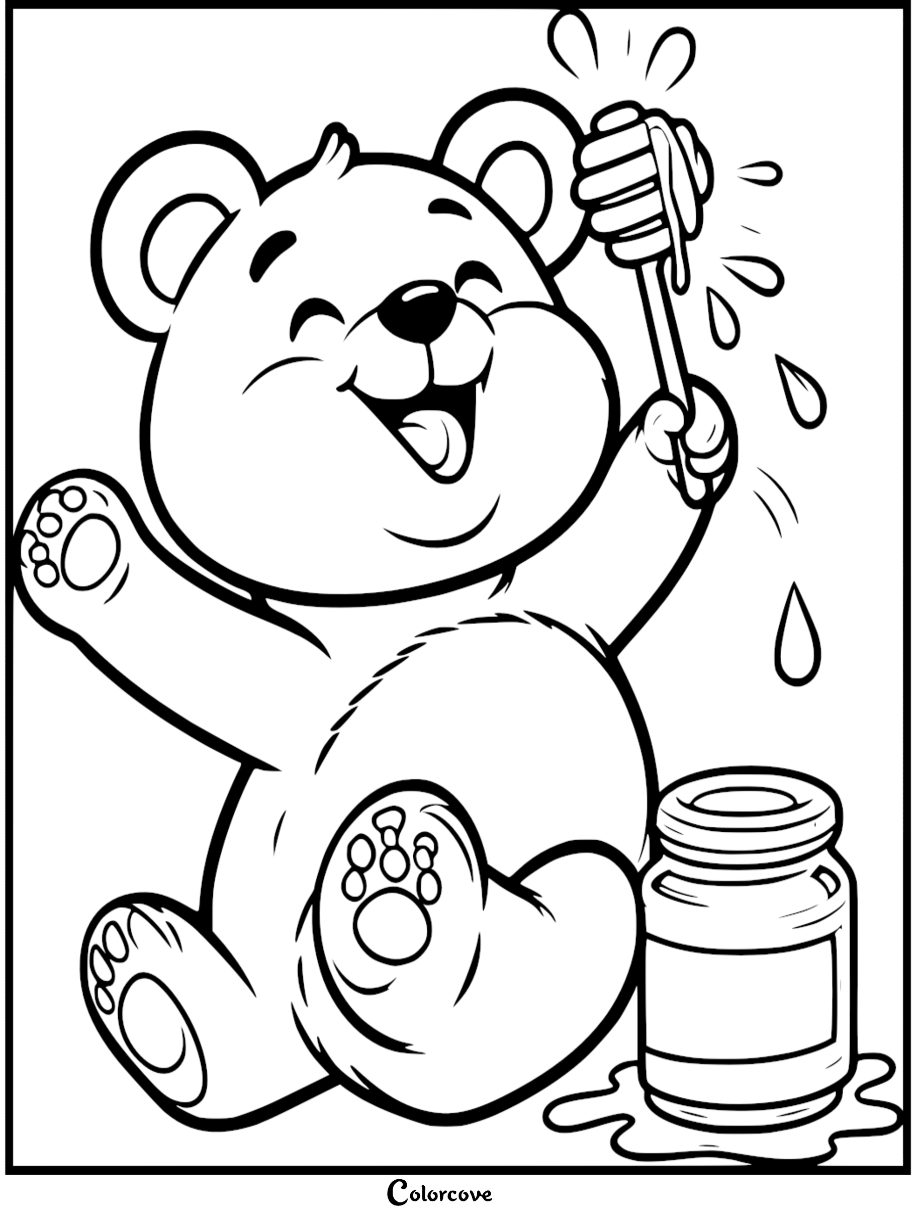 Cute bear with honey dipper beside a jar, perfect for a fun kids' coloring activity.