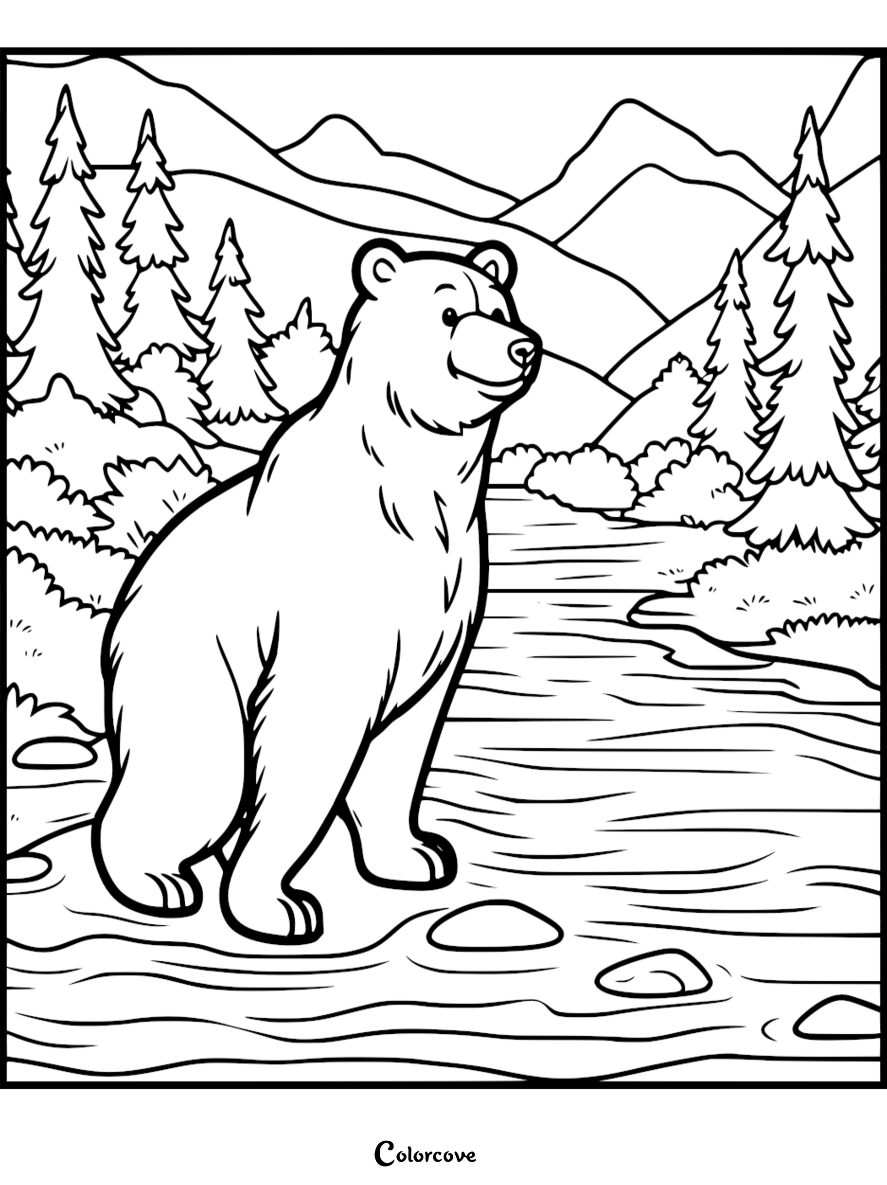 Bear standing by a river in a forest with mountains in the background, printable coloring page.