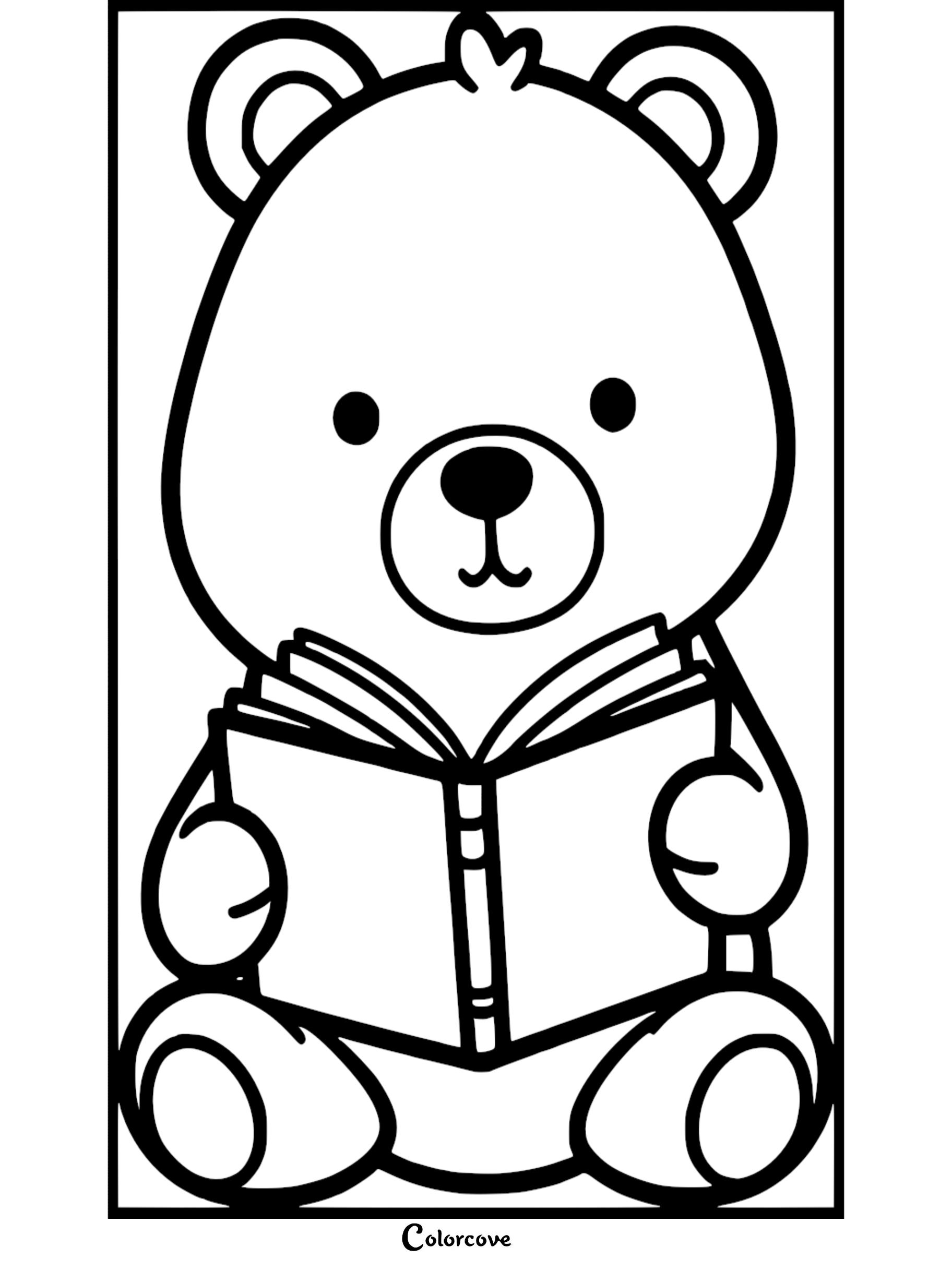 Coloring page illustration of a cute teddy bear reading a book. Perfect for kids' creativity and learning.