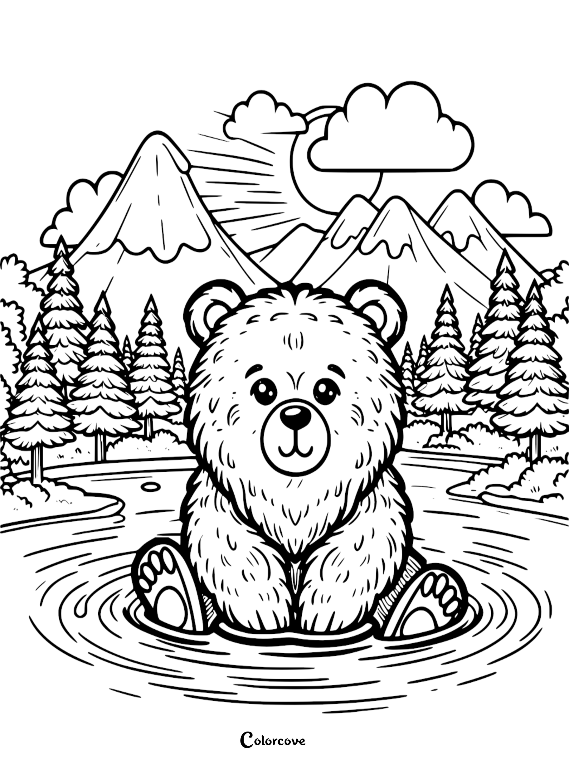 a bear sitting in a pond with mountains and trees