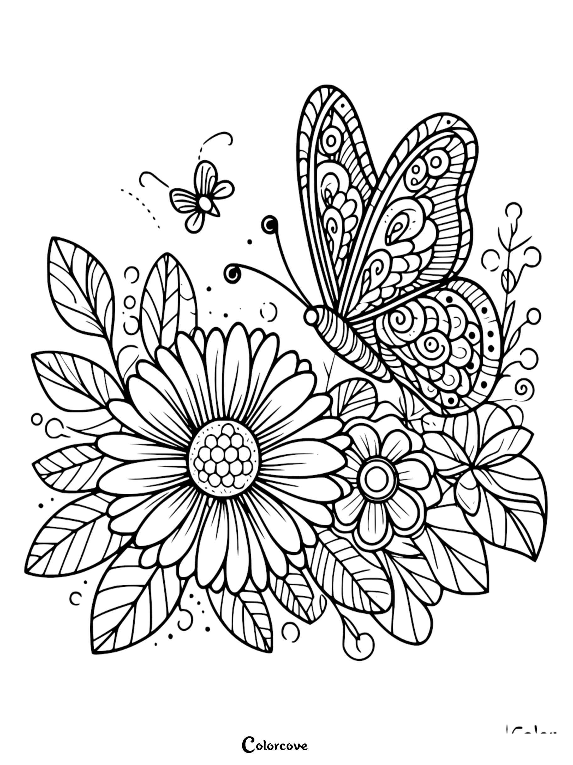 A detailed butterfly coloring page featuring a patterned butterfly hovering over a large daisy and smaller flowers with leaves.