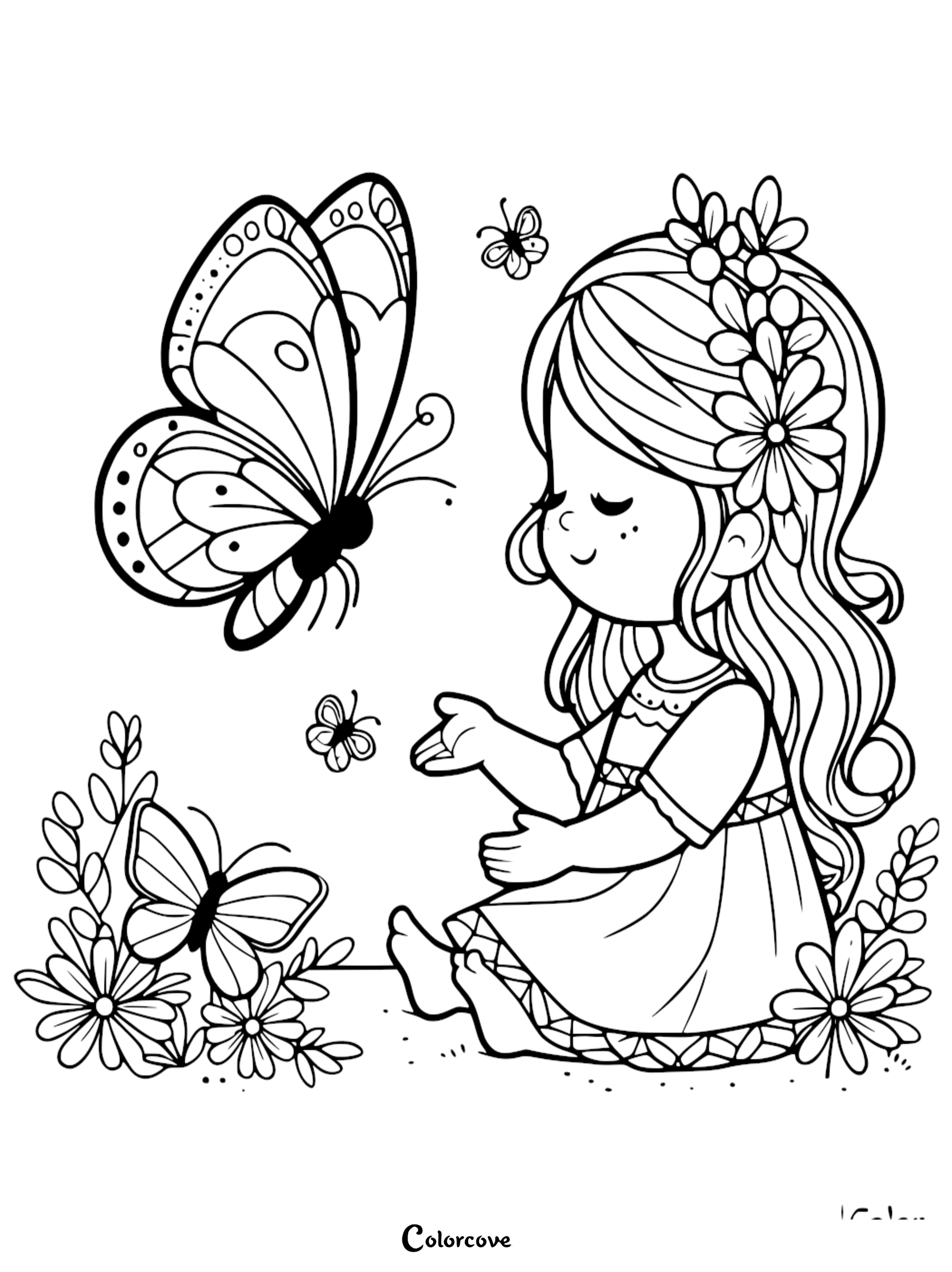 A girl with flowers in her hair sitting in a garden with butterflies on this free printable coloring page.