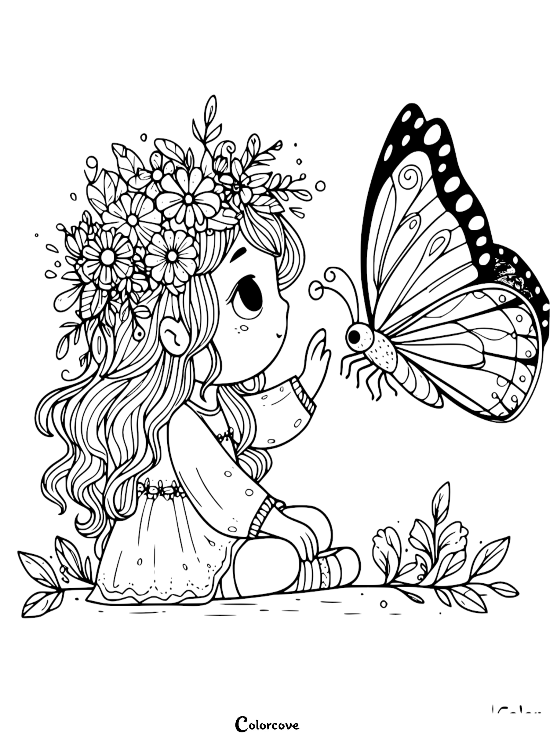 A girl with a flower crown reaching toward a large butterfly in this printable coloring page sheet 17.
