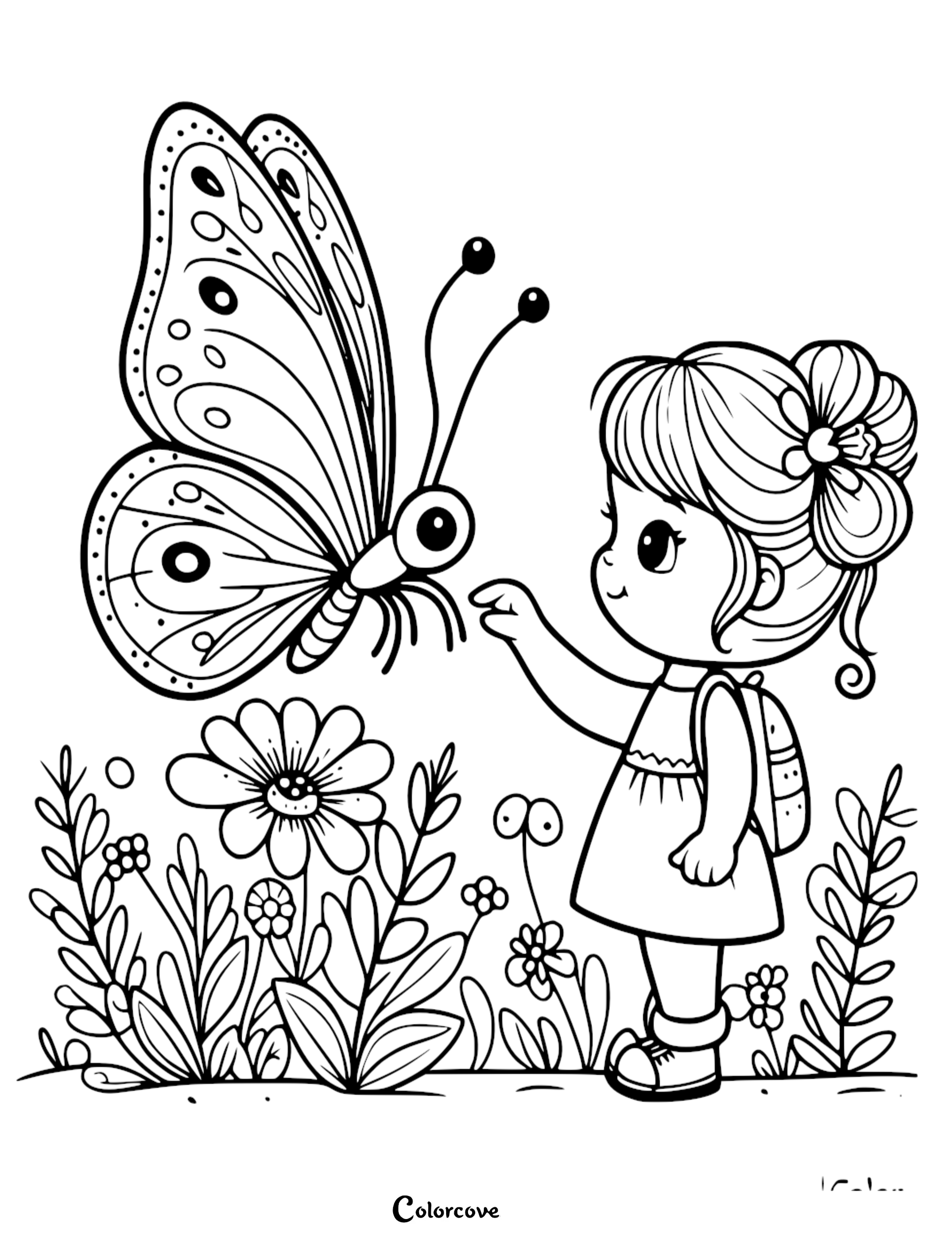 A girl with a backpack reaching out to touch a large butterfly in a garden, featured on a free printable coloring page sheet 23.