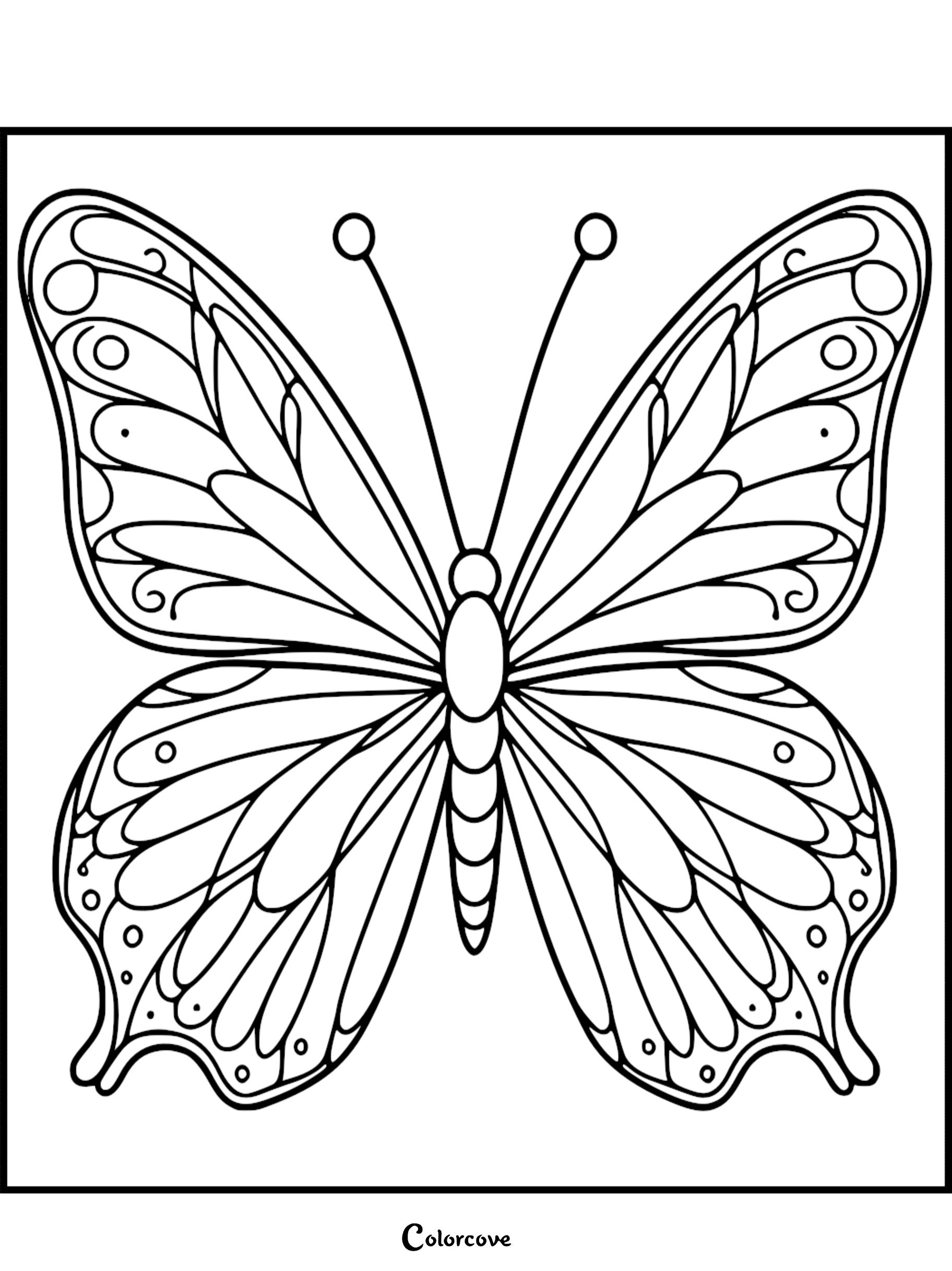 A detailed butterfly coloring page featuring symmetrical wing patterns and delicate antennae on a clean white background.