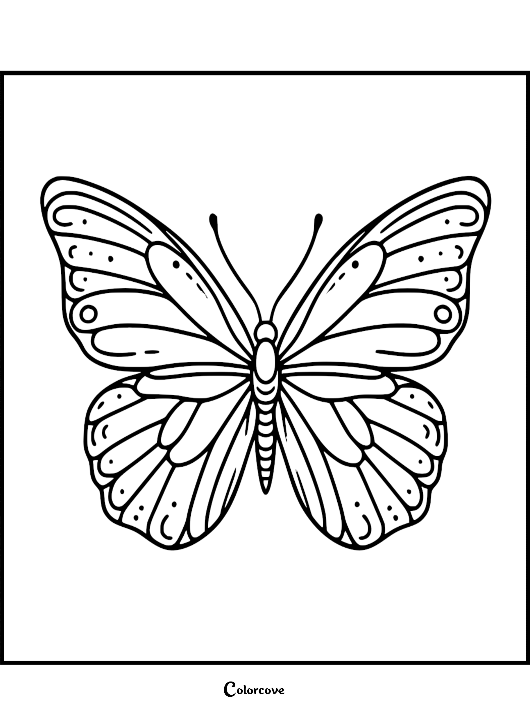 A simple line art butterfly coloring page featuring symmetrical wings with rounded patterns and dotted details.