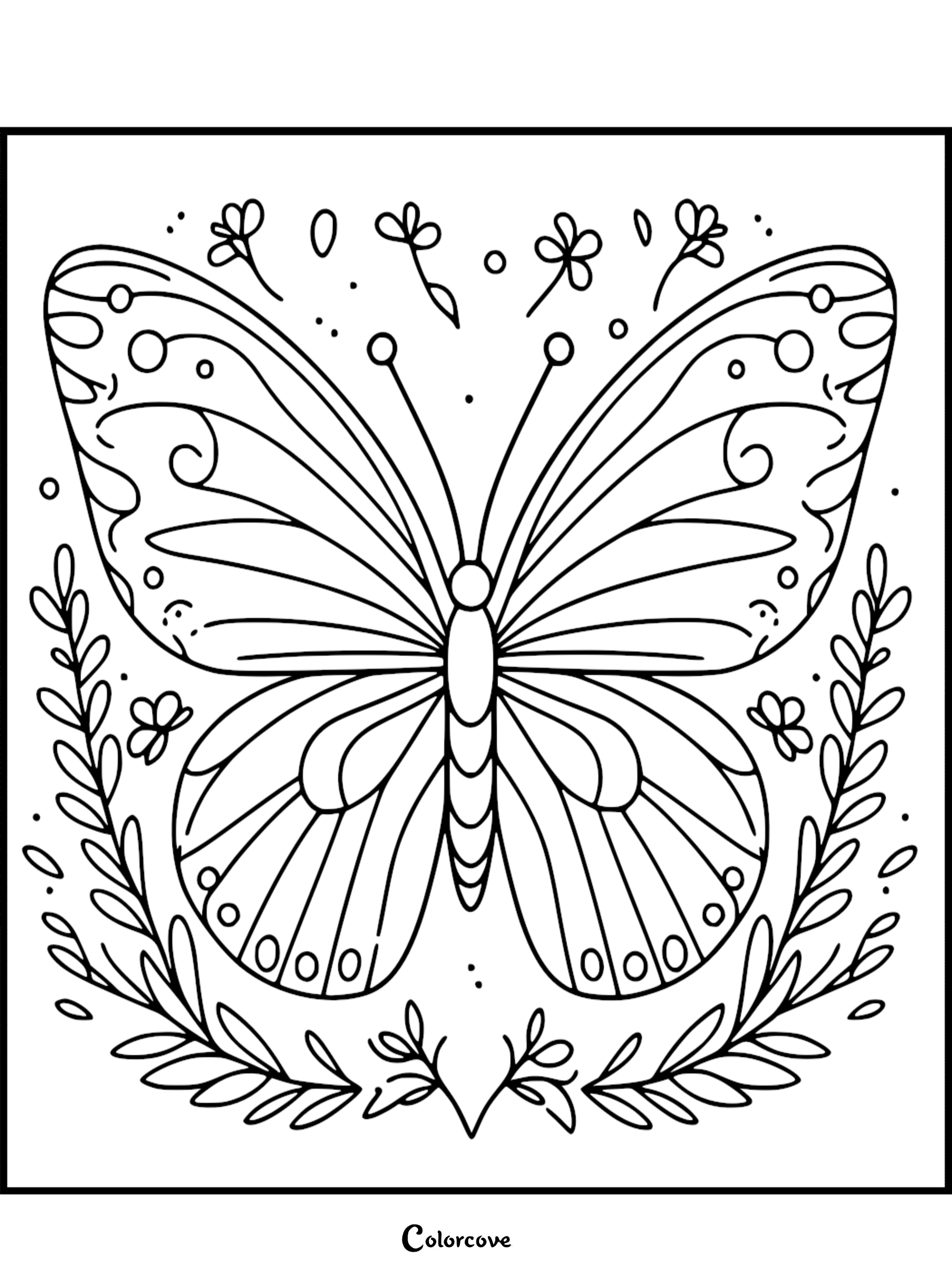 A cozy butterfly coloring page featuring a symmetrical butterfly surrounded by delicate floral sprigs and leafy branches.